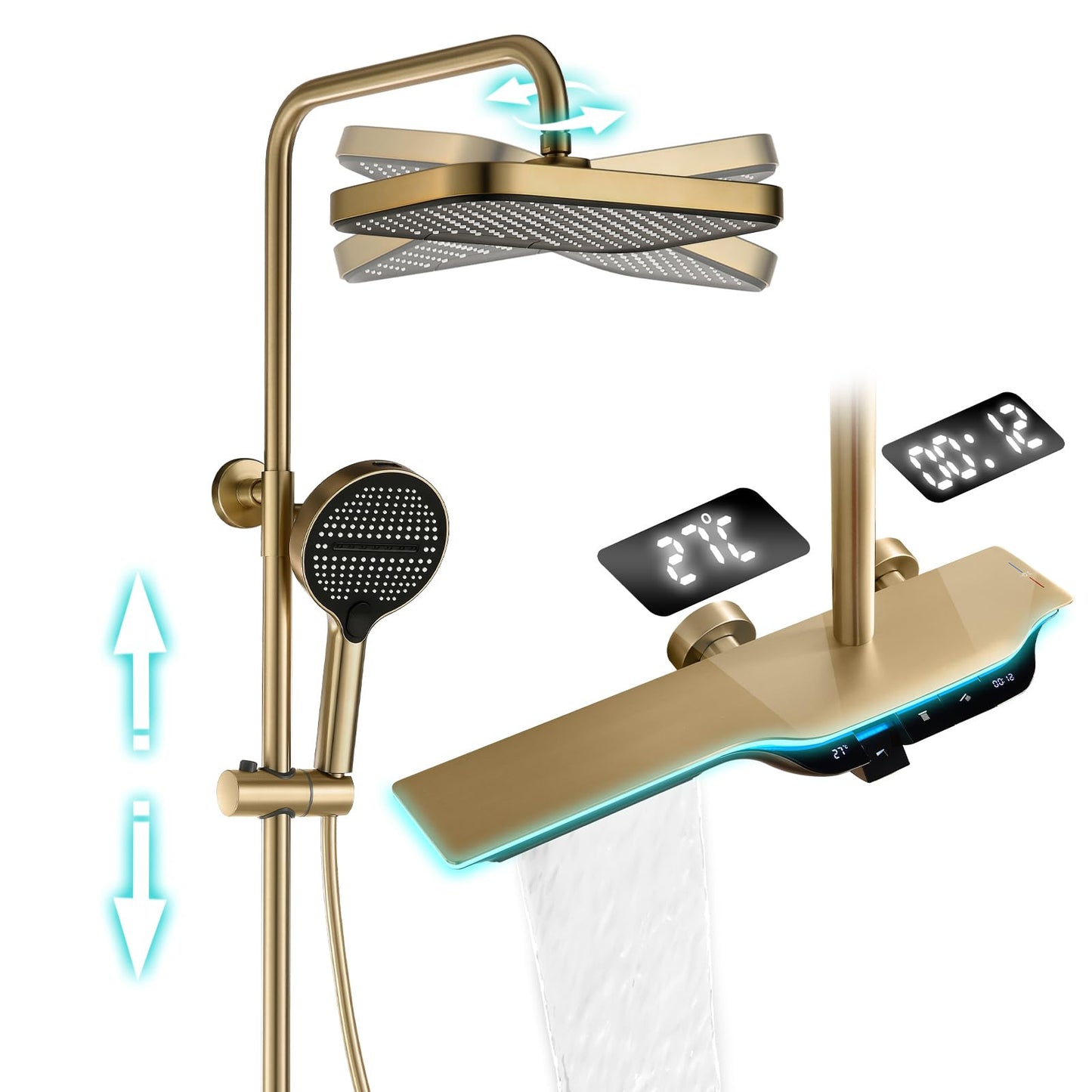 Colonne de Douche Thermostatique Colonne Douche Salle de Bain Affichage Numérique Colonne de Douche avec Mitigeur, Or Brossé Hauteur RéGlable Ensemble de Douche avec Douchette