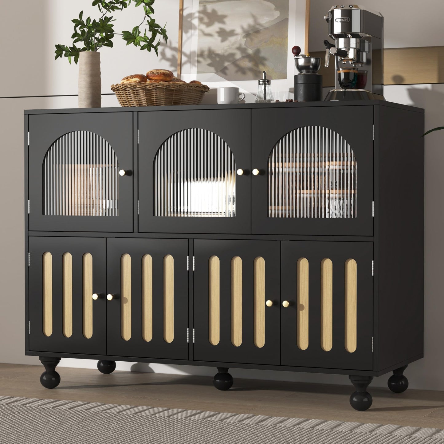 Buffet Salon Moderne, Longue Porte en Verre au Design Arc-en-ciel, Porte de Bar à clés de Piano, Pieds de Colonne Ronds, Armoire de Rangement Élégante, Armoire de Buffet au Design Unique, Blanc/Noir