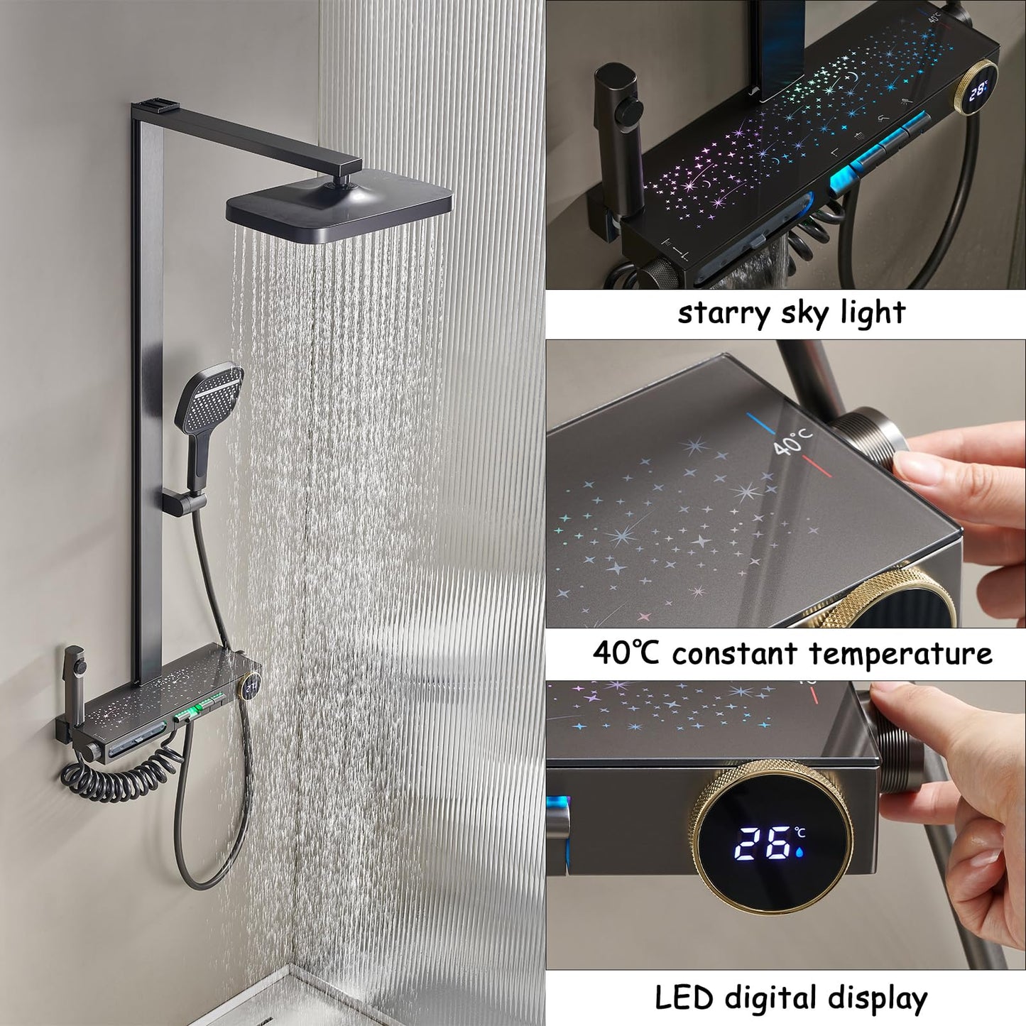OihPaw Système de douche avec thermostat, robinet de douche - Affichage numérique LED - Kit de douche avec lumière ciel étoilé - 5 voies - Avec bec cascade - Pommeau de douche 3 modes