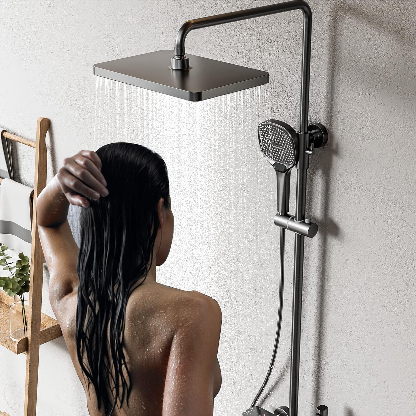 Colonne De Douche Thermostatique Ensemble De Douche Mural 4 Fonctions Avec Pommeau De Douche 32x22cm, Douchettes à Main, Robinets De Baignoire à Cascade Et PulvéRisateurs De Bidet(Gris Pistolet)