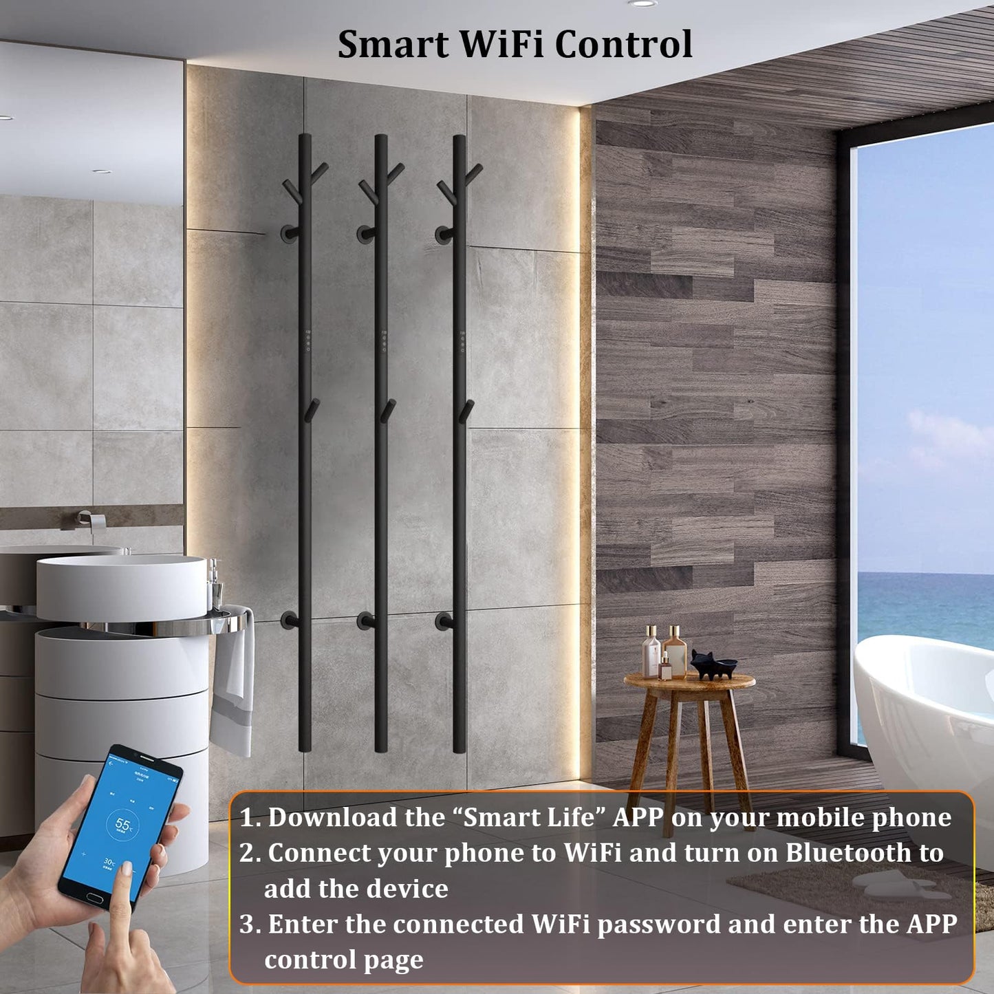 Sèche-Serviette Électrique Noir, 30 W Chauffe-Serviettes 1525×65mm WiFi Intelligent Porte-Serviettes Chauffant Électrique Mural Commande Tactile à LED Radiateur de Salle de Bain avec 3 Patère