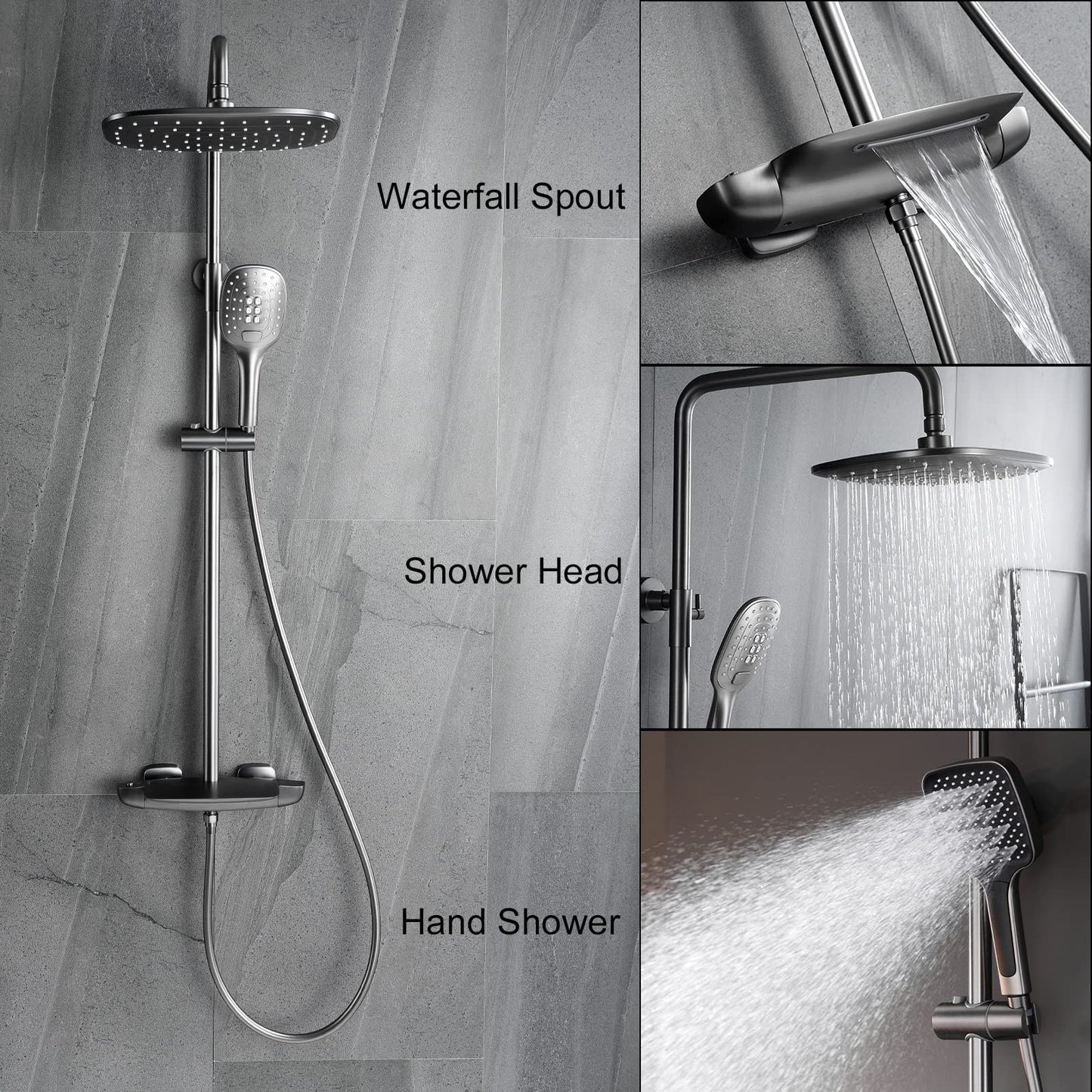 Thermostatique Colonne de Douche avec Mitigeur Système de Douche Mural Gris Pistolet Ensemble de Douche Hauteur Réglable Kit de Douche avec 32*20CM Pomme de Douche e Douchette à 3 Modes, Bec Baignoire