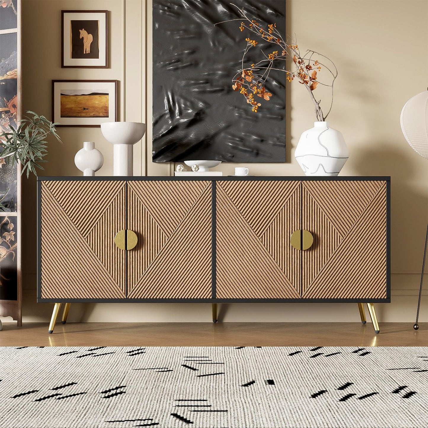 Sideboard mit 4 Türen, Kommode, Küchenschrank, Mehrzweckschrank für Wohnzimmer, Esszimmer, Schlafzimmer, Goldene Gebürstete Griffe, Hochglanz Tischbeine, Premium MDF und PB, 160 x 75 x 40 cm (B/H/T)