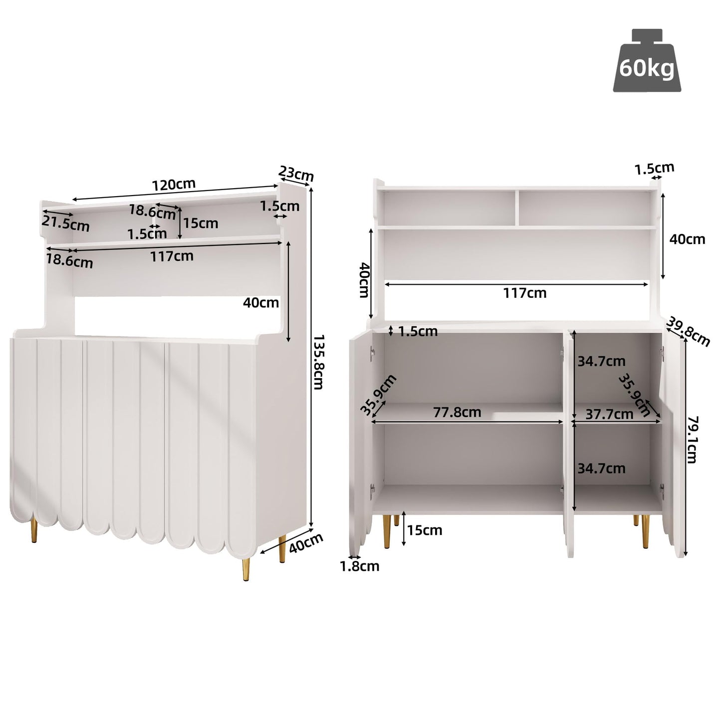 SHUGUANG Buffet Salon 120x40x151 cm, Buffet Blanc pour Salle à Manger, Cuisine, Meuble Bar à Café avec Étagère Ouverte, Pieds Dorés, Meuble de Rangement de Style Simple et Moderne, Gris Vitrine