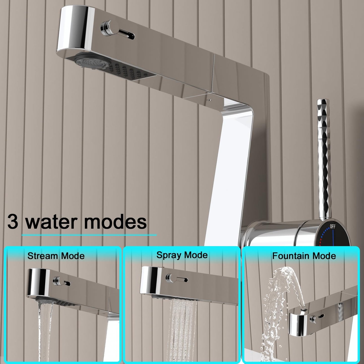 Robinet de Lavabo avec Douchette 3 Modes, Extractible Robinet de Salle de Bain avec Affichage Numérique LED Mitigeur Lavabo Monocommande Chaude et Froide Robinet Salle de Bain