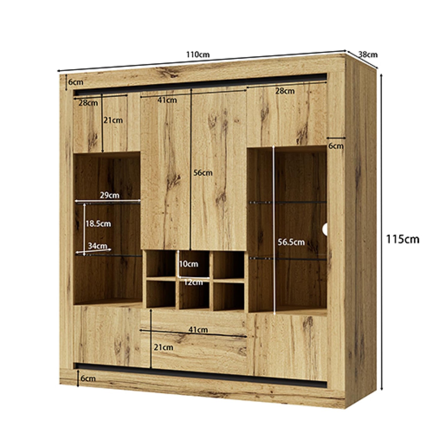 Peiaw Buffet,Buffet bahut Salon,Buffet Multifonctionnel,Meuble de Rangement,Buffet avec 5 Portes et casier à vin, étagère en Verre réglable, Buffet avec éclairage LED,110 x 38 x 115 cm