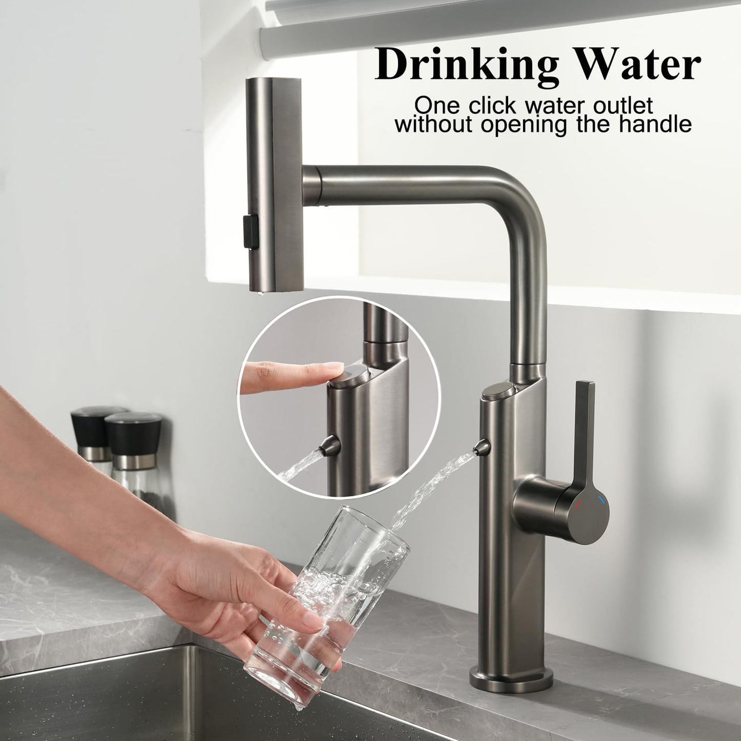 Cuisine 3 Voies avec Douchette Extractible, Robinetterie eau Potable Pivotant à 360°, 4 Modes Robinet Cuisine Cascade, Robinet Mitigeur Évier de Cuisine pour Systèmes d'Osmose
