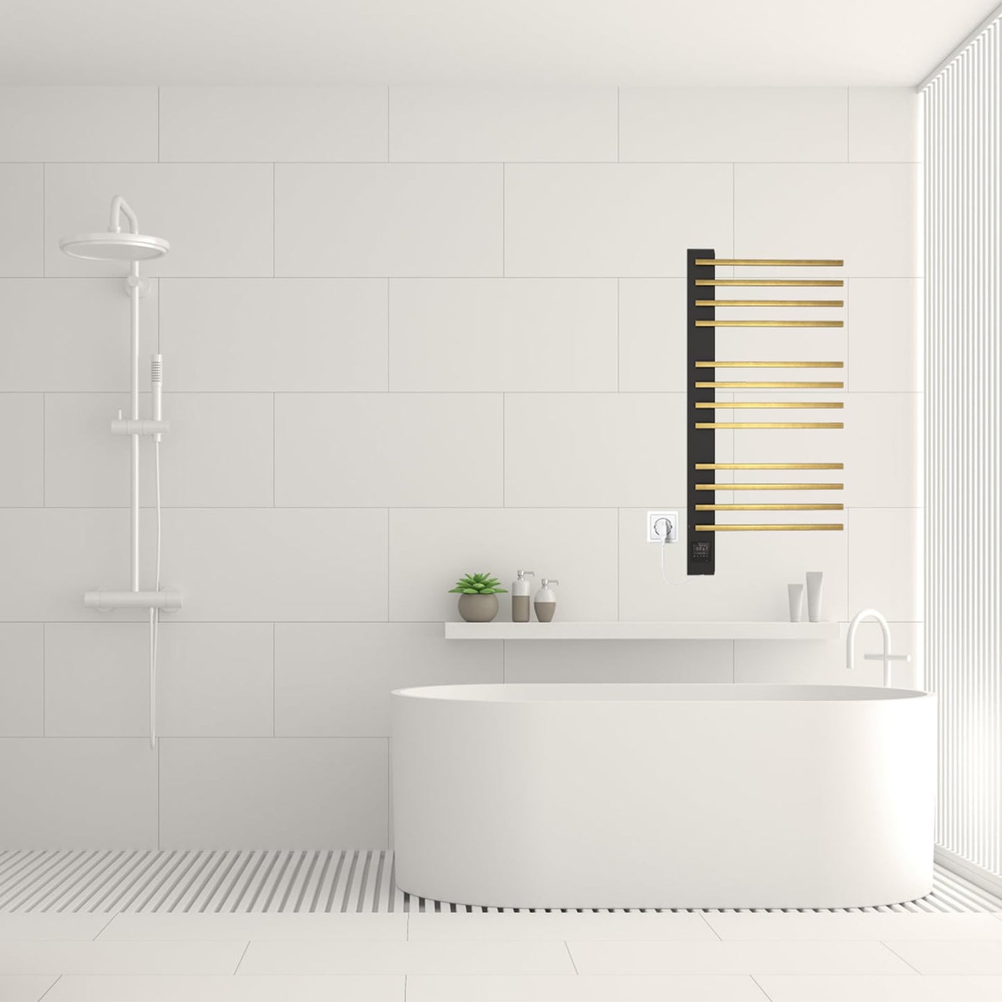 Sèche-Serviette Électrique, 140W Chauffe-Serviettes Mural 1120x600mm, Porte-Serviettes Chauffant Électrique avec Minuterie Thermostat Écran LED, Radiateur Salle de Bain, Noir et Or