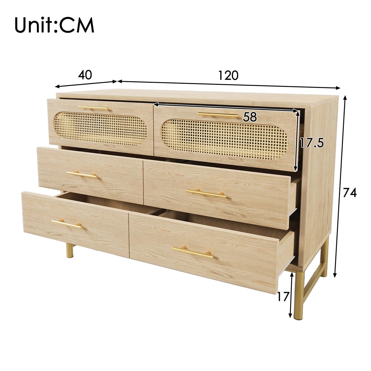 Peiaw Buffet,Meuble de Rangement en Bois,Commode en rotin,étagères réglables,Meuble de Rangement avec 6 tiroirs, Armoires de Cuisine avec poignées et Pieds en métal,120 x 40 x 74 cm