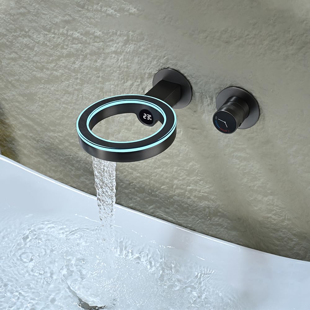 Robinet Lavabo, Gris Pistolet Robinet Mural Affichage de La Température LED Robinet Salle Bain eau Chaude et Froide Mitigeur Salle de Bain Robinet Cascade Mural Salle de Bain