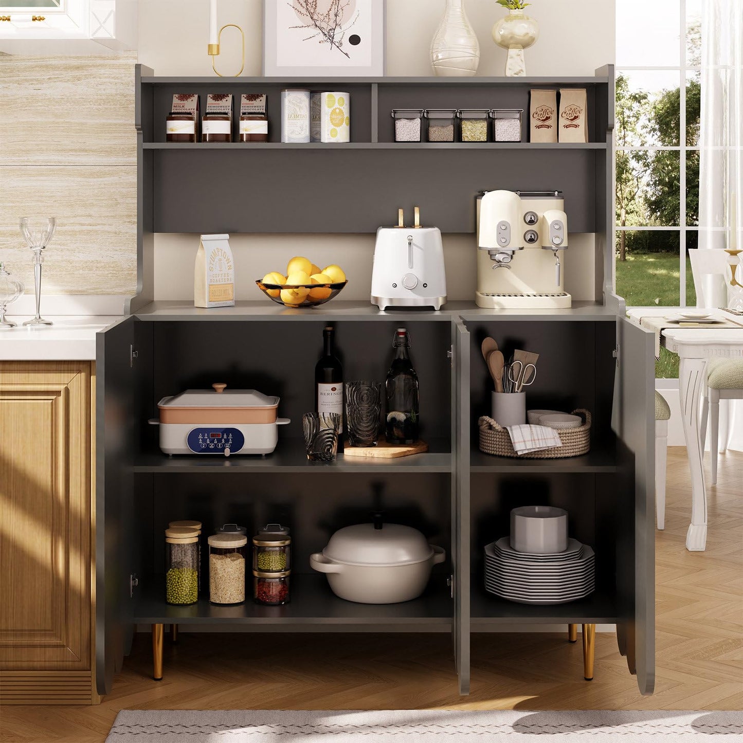 Buffet de Cuisine, Armoire de Cuisine 2 Placards Portes, Vaisselier Cuisine Anti-basculement, Meuble Cuisine Rangement Conception Ouverte, Grande Capacité, Style Simple, 120 x 40 x 151cm