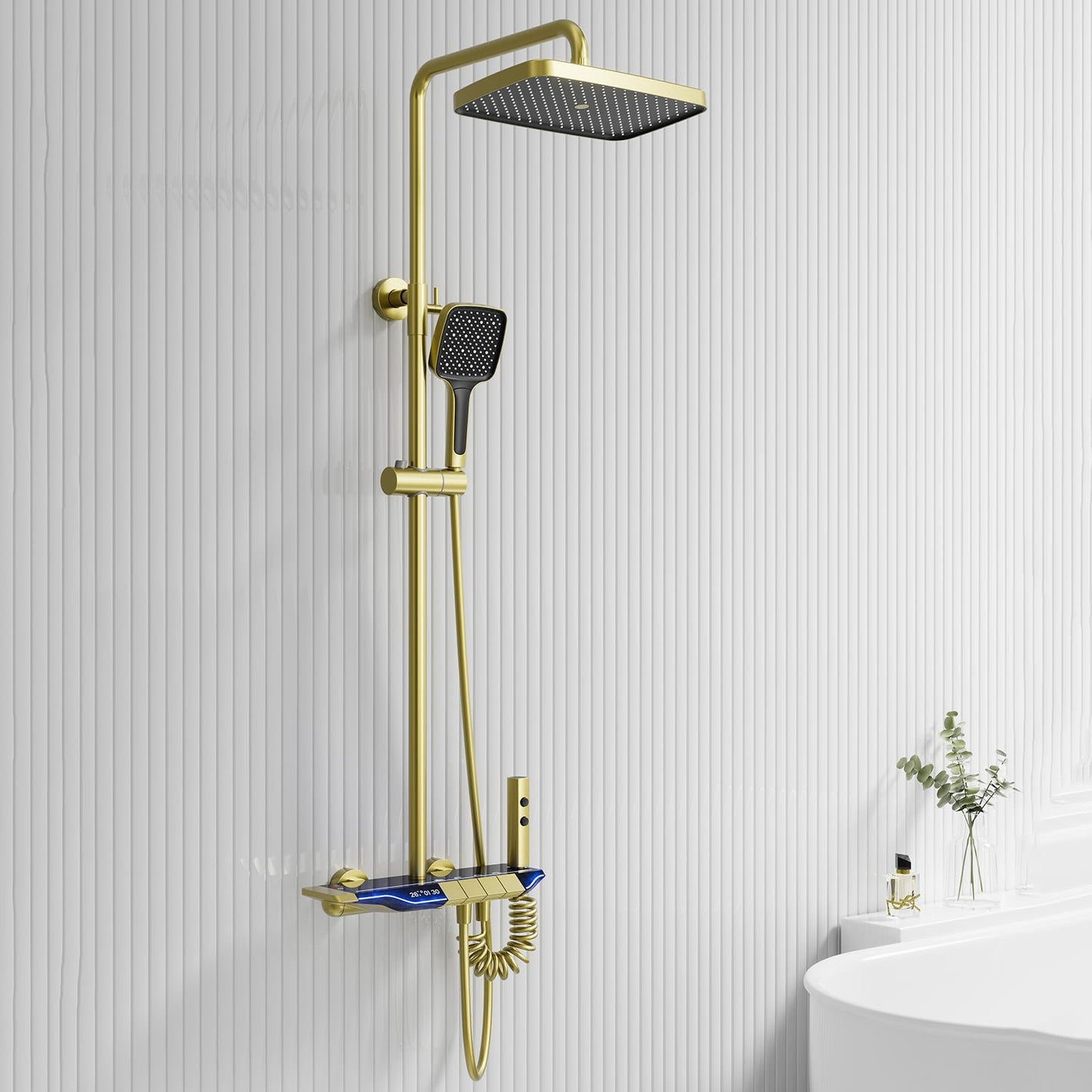 Colonne de Douche Thermostatique Doré Systeme de Douche Piano avec éclairage d'ambiance LED, Ensemble de Douche Mitigeur Hauteur Réglable avec Douche de Tête et Douchette, Baignoire Cascade