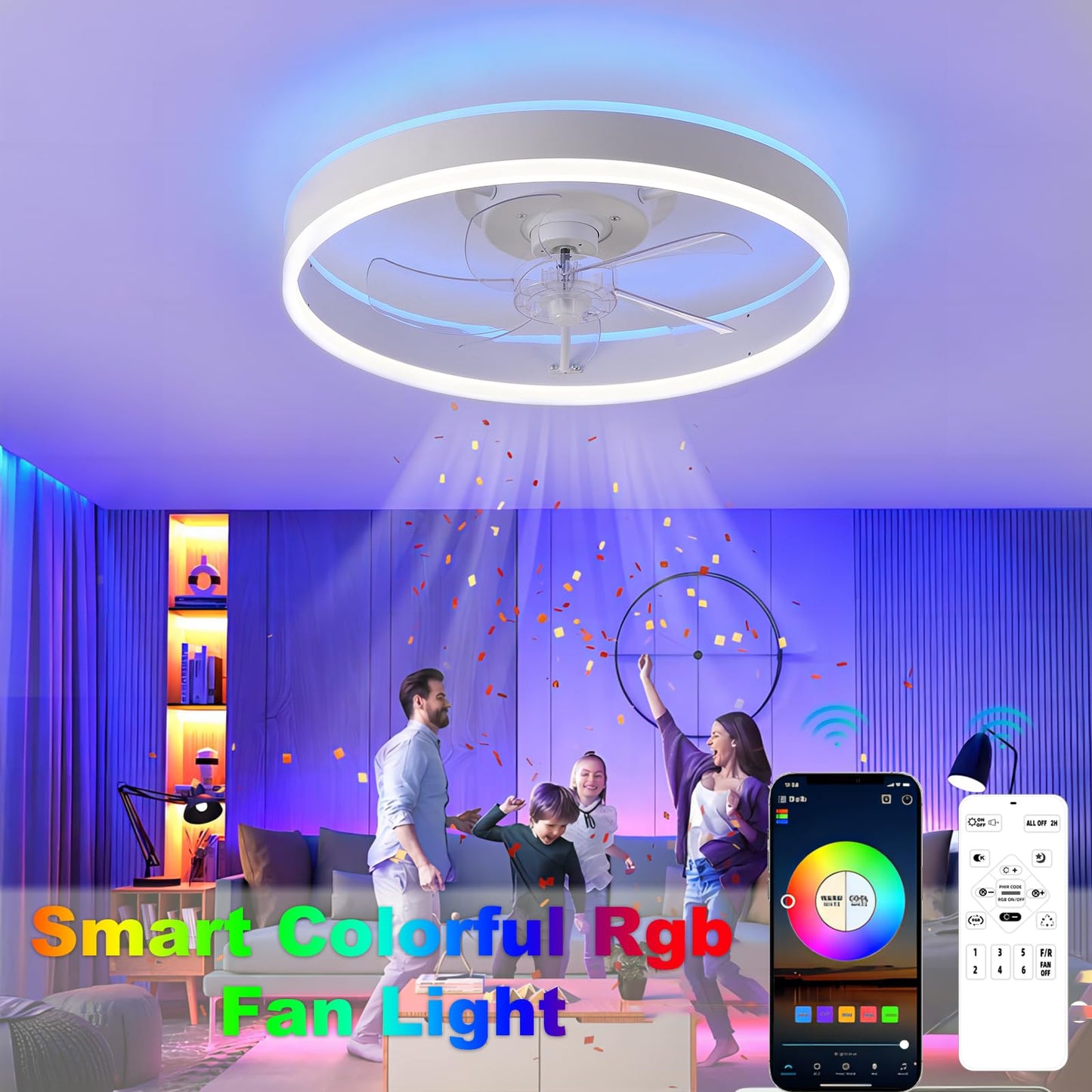 Ventilateurs de Plafond avec Lampe Intégrée Ventilateur Plafond avec Lumiere RGB & LED 3 Couleurs Dimmable Ventilateur Plafond Silencieux avec Télécommande & APP 6 Vitesses pour Salon Chambre-B