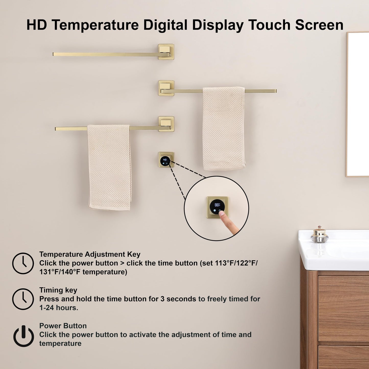Elektrischer Handtuchtrockner, 60 W Badezimmerheizkörper mit Digitalanzeige, elektrischer Handtuchhalter mit WLAN, 180° drehbarer Handtuchtrockner, Timer, beheizter Handtuchtrockner