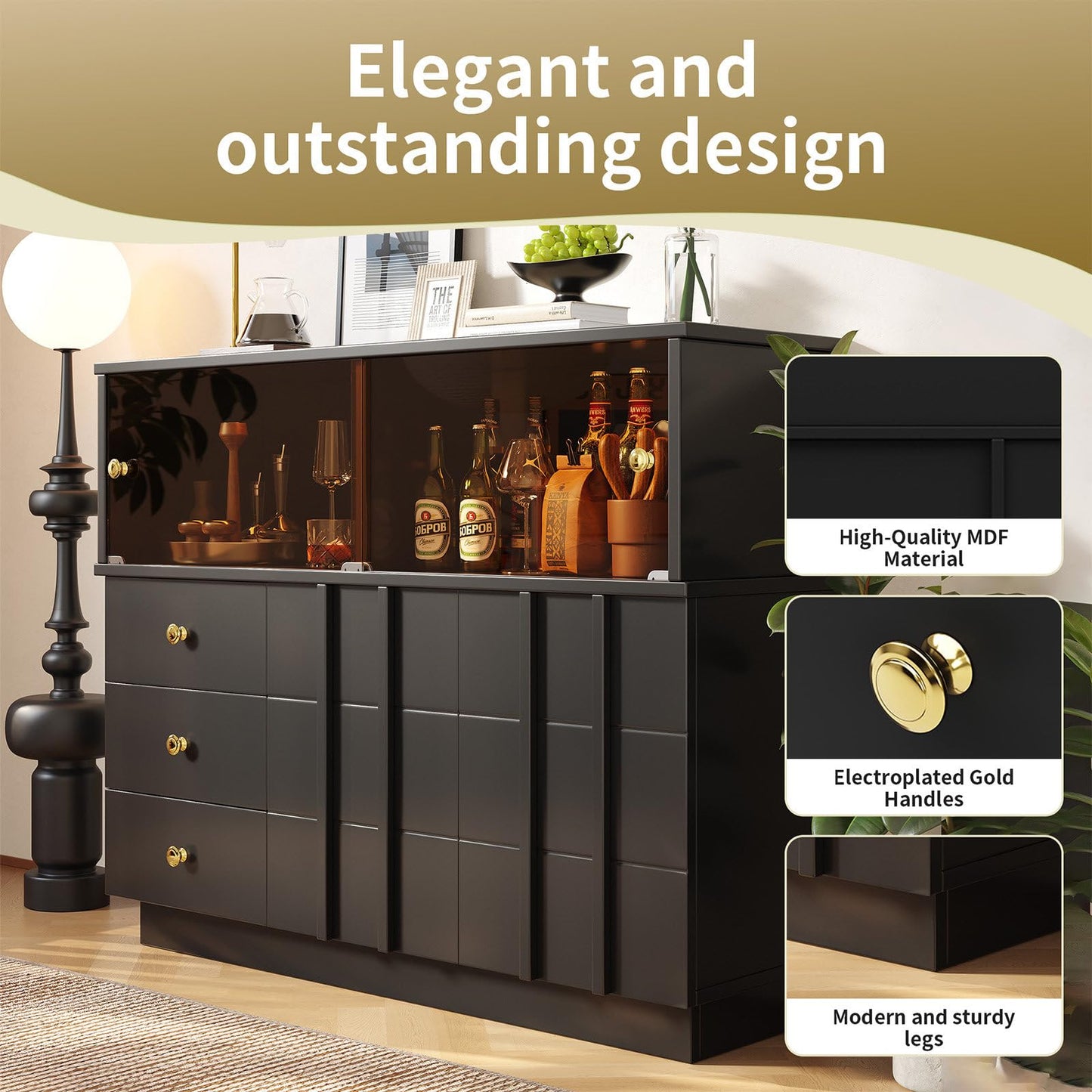 Sideboard Mit Glastür, Küchenschrank, Kommode, Modern Mehrzweckschrank für Wohnzimmer, Esszimmer Aufbewahrungsschrank 3 Schubladen, 2 Türen, Hohe Tragfähigkeit, 100 x 90.5 x 40 cm (B/H/T)