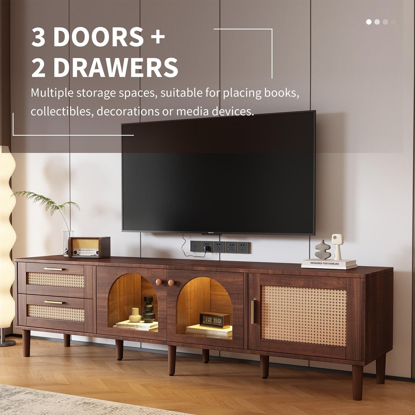 Meuble TV 180cm, Armoire De Télévision Rotin Tressé, Meuble Télé de Salon Convient Aux Téléviseurs de 80 Pouces, Table Télévision 2 Ports de Gestion des Câbles, 2 Portes 2 Tiroirs 4 Étagères Ouvertes