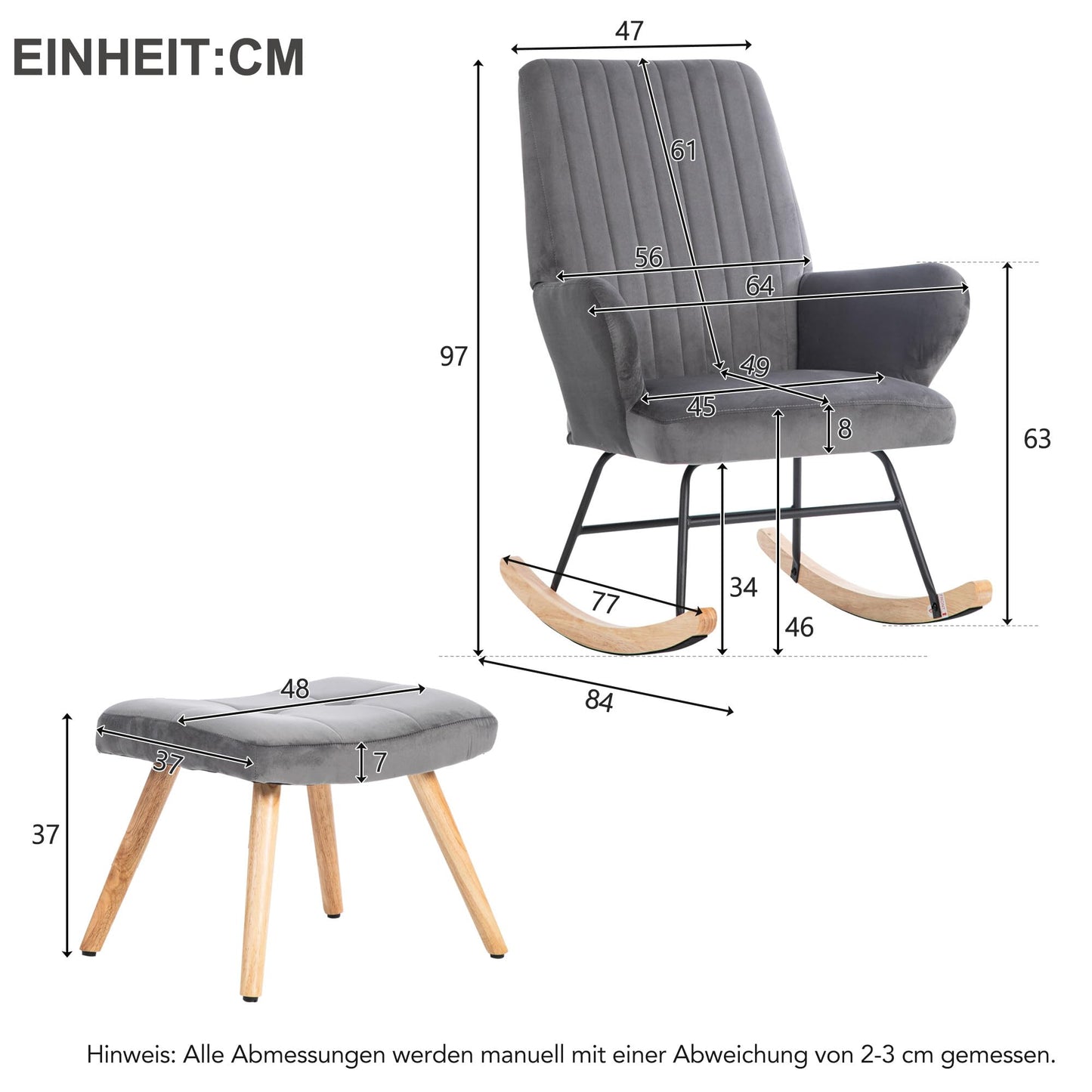 Gris Fauteuil À Bascule, Chaise de Lecture avec Velours, Rocking Chair Hauteur 97 cm, Largeur D'assise 45 cm avec Repose-Pieds (48*37*37 cm), Chaise a Bascule Approprié Coucher, Salon, Dortoir
