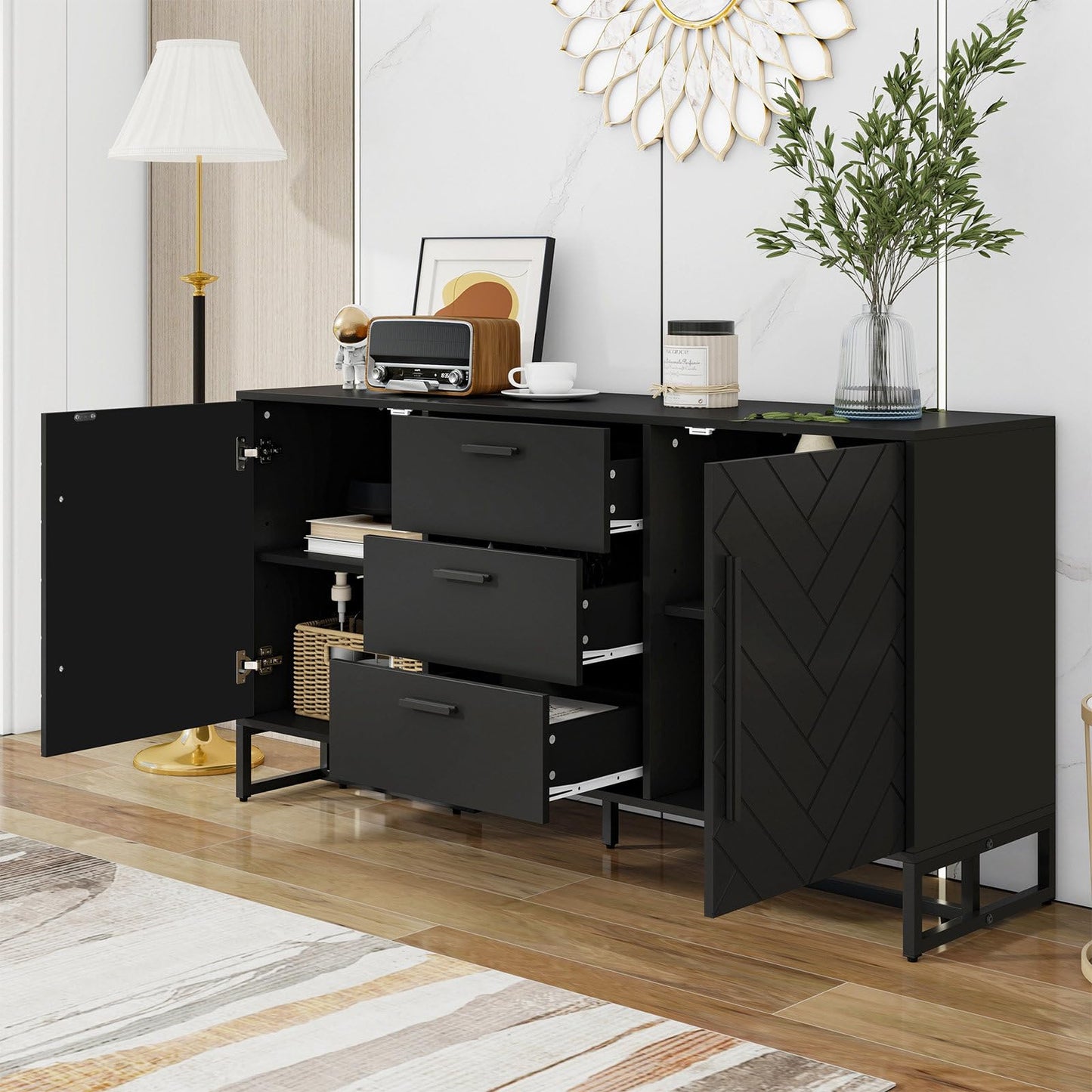 Sideboard, Kommode 2 Türen und 3 Schubladen, Küchenschrank Schwarz Moderner Stil, Mehrzweckschrank Hohe Tragfähigkeit, Verstellbare Regale, Mattschwarzer Griff, 145 x 75 x 40 cm (B/H/T)