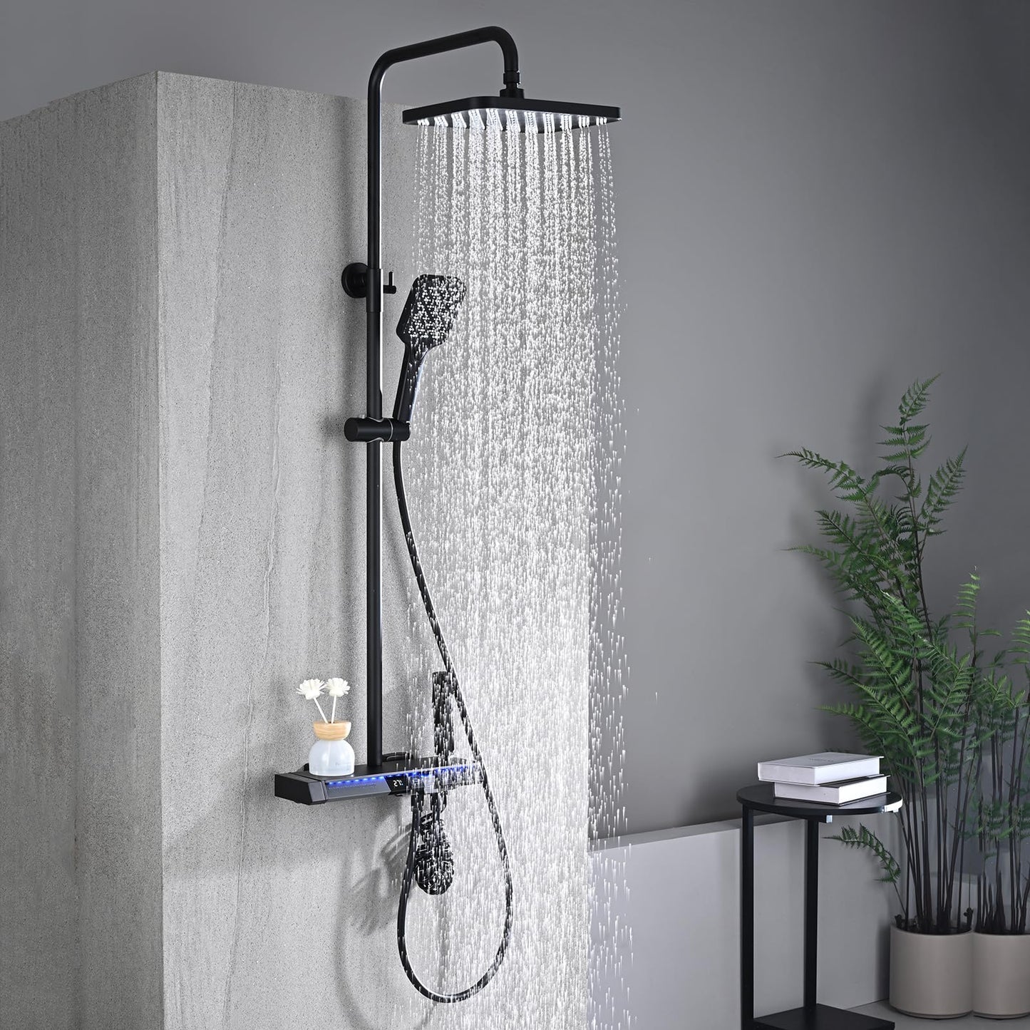 OihPaw Colonne De Douche Thermostatique Noir Ensemble de Douche 5 Fonctions Système de Douche avec Affichage Numérique LED,Douche de Tête 30x20CM,Pommeau Douche 3 Modes