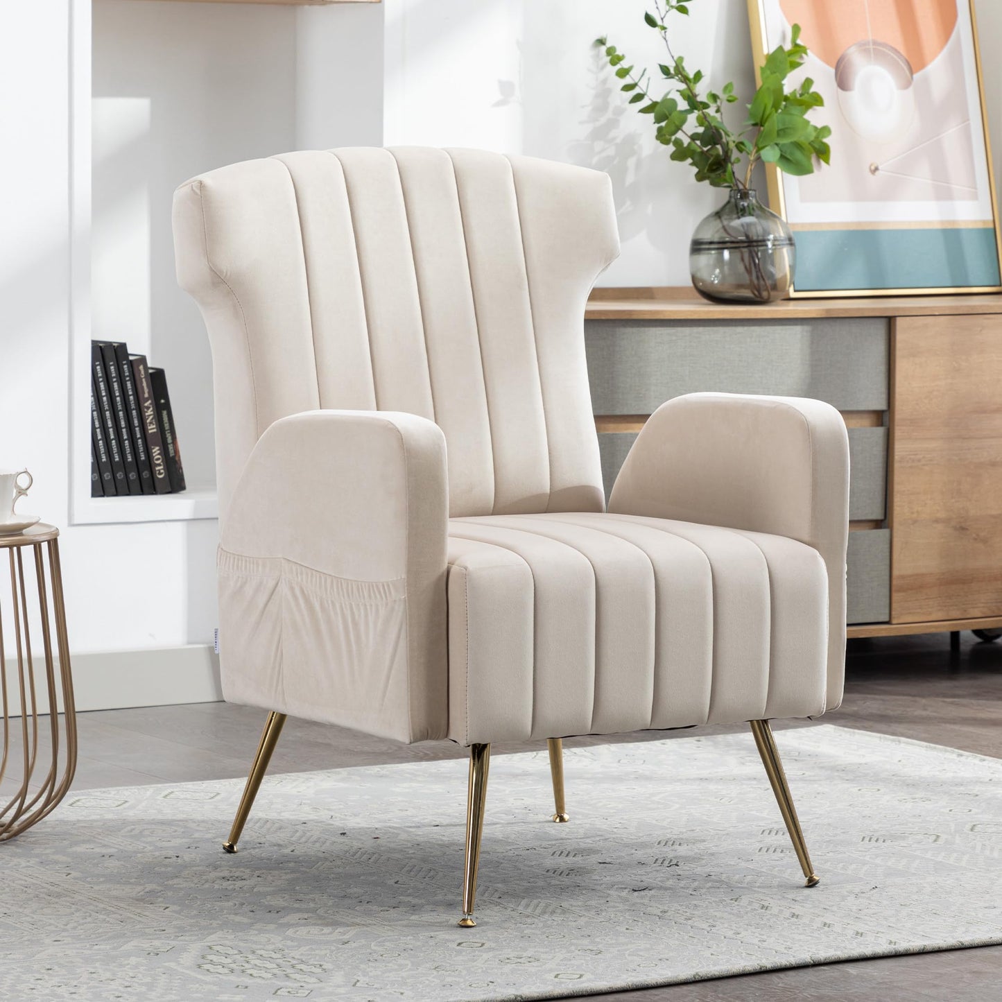SHUGUANG Fauteuil Confortable Velours, Fauteuil Salon Confortable Chaise Coiffeuse avec Pieds Métalliques Dorés, Forme de Chaise Cigare Chaise de Lecture en Vigueur Chambre à Coucher, Salon