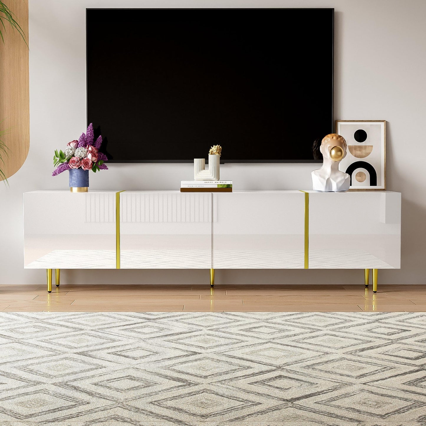 Meuble TV Moderne et Simple, 170 cm Banc TV Brillant avec Quatre Portes, Accents Dorés, Console Multimédia TV pour Les TV jusqu'à 70", Grand Espace de Rangement, Meuble Salon, Facile à Assembler