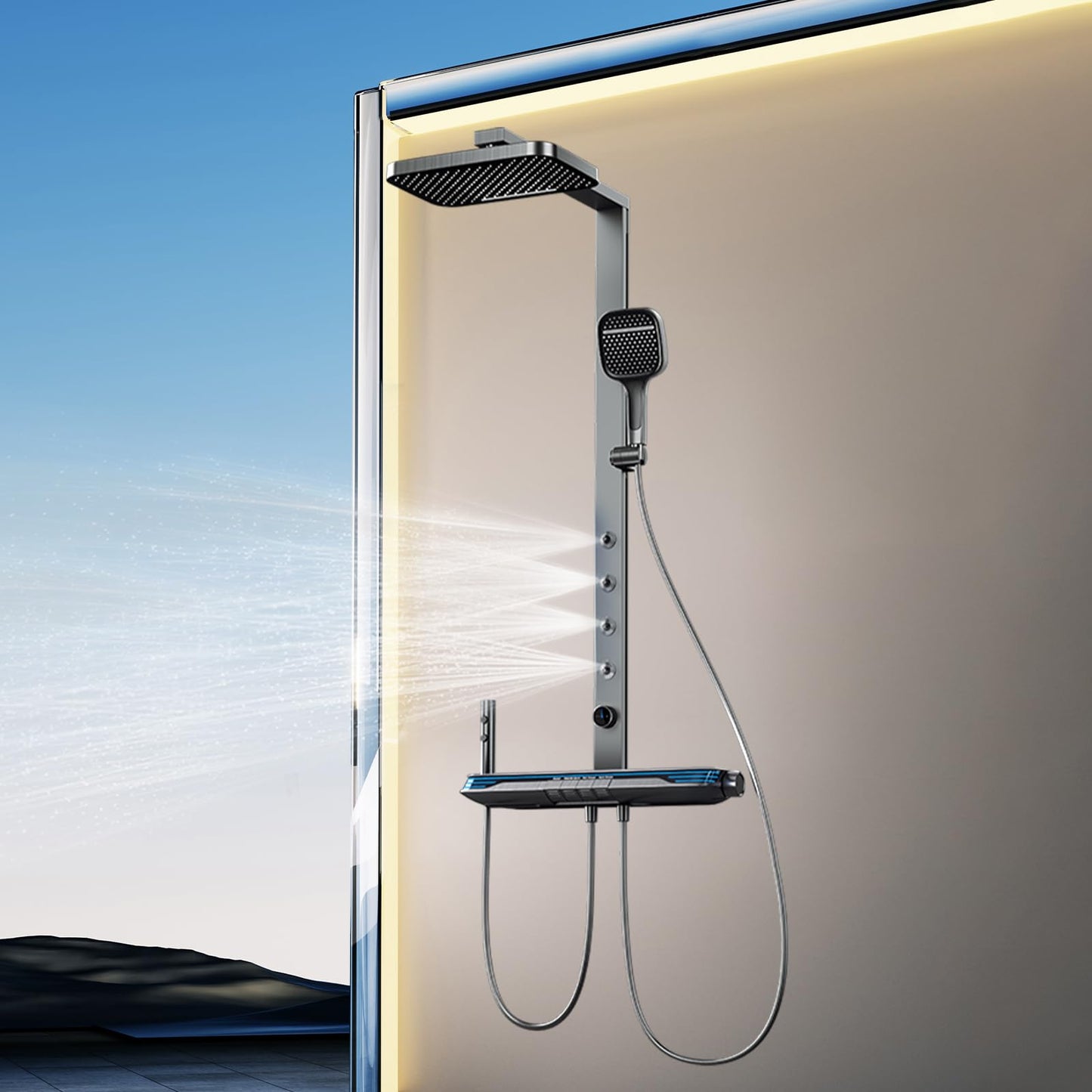 OihPaw Colonne De Douche Thermostatique, SystèMe De Douche Mural à LumièRe Ambiante à Affichage NuméRique LED à 5 Fonctions,Avec 33x 20cm Douche De TêTe,Douchette à Main