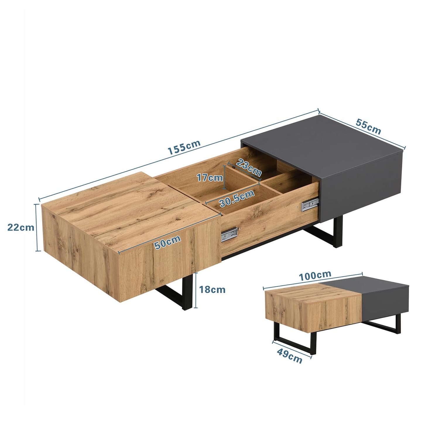 Table basse,Table basse salon,Table basse anthracite, table basse coulissante moderne multifonctionnelle avec rangement caché, support en bois et métal de haute qualité, table basse 155 x 55 x 22 cm