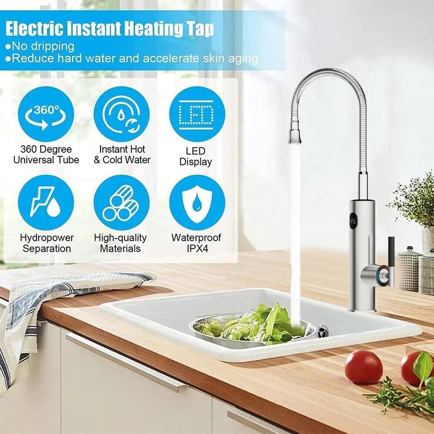 Robinet Électrique Сhauffe Eau Instantané, Affichage Digital Robinet Chauffant Instantané 3200W Robinet Cuisine Chauffage Électrique 360° Rotatif Flexible Robinet D'eau Chaude Électrique