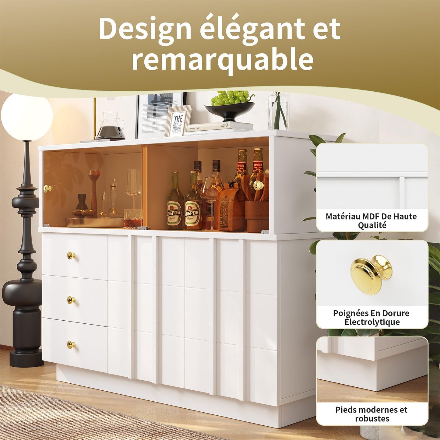Sideboard Mit Glastür, Küchenschrank, Kommode, Modern Mehrzweckschrank für Wohnzimmer, Esszimmer Aufbewahrungsschrank 3 Schubladen, 2 Türen, Hohe Tragfähigkeit, 100 x 90.5 x 40 cm (B/H/T)