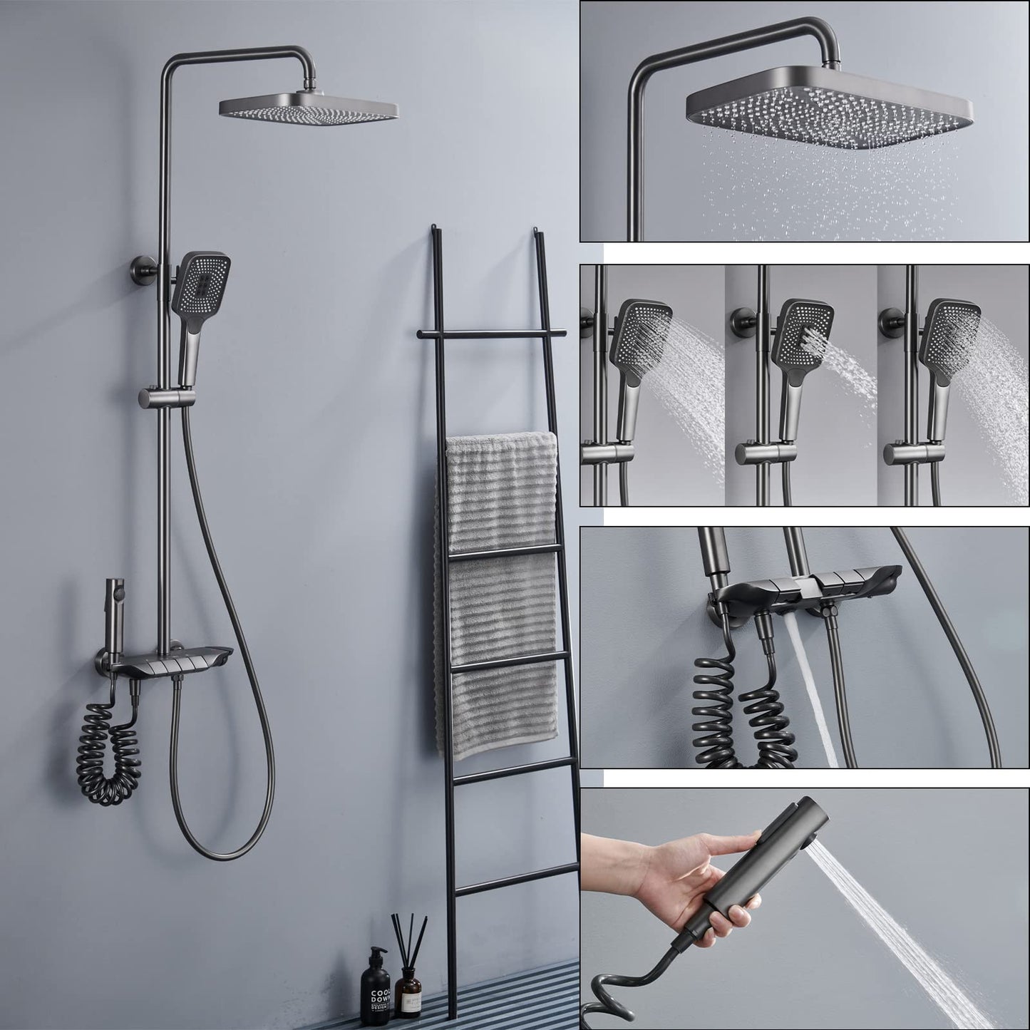 Colonne de Douche Thermostatique Piano Système de Douche Mural Gun Gray Ensemble de Douche Réglable en Hauteur Set de Douche avec Mitigeur,3 Modes Douchette,12 Pouces Douche de Tête,Bidet-Spray