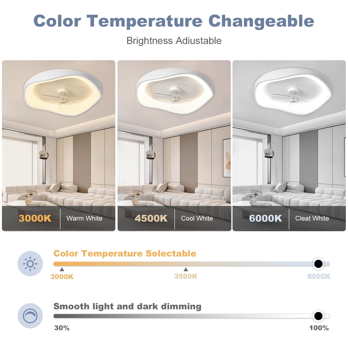 Ventilateur Plafond avec Lumiere, Lustre Ventilateur de Plafond, 6 Vitesses Réversible Silencieux, Gradation 3 Couleurs et APP/Télécommande Minuteur, pour Chambre, Salon, Cuisine