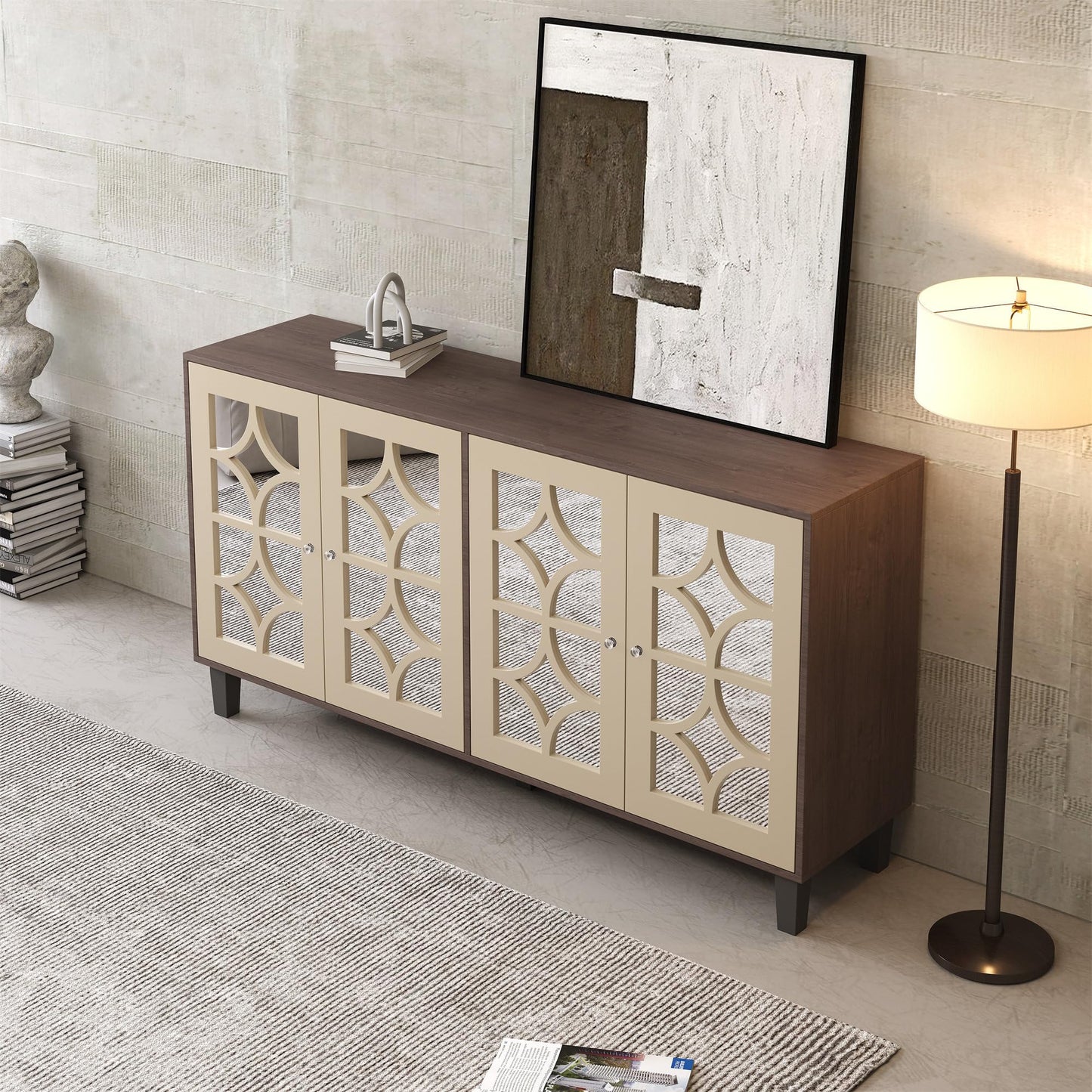 Buffet Moderne avec 4 Portes Miroir, Buffet Miroir avec Poignées en Cristal Froid, Stratifié Mobile, Armoire de Cuisine, Bahut pour Salon et Salle à manger, 160 x 40 x 85 cm, Blanc/Bois et Marron