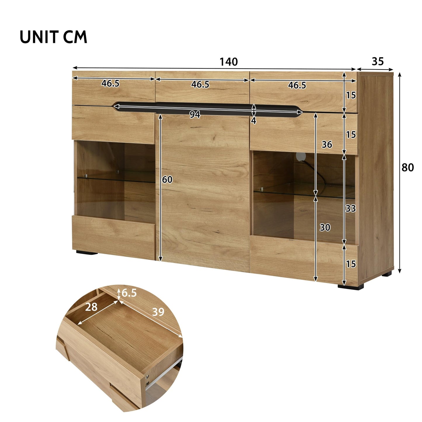 Buffet Salon LED, Meuble Buffet avec 3 Portes 3 Tiroirs, Vitrine Couleur Bois, Commode de Chambre Moderne et Élégante, Beaucoup D'espace de Rangement, Portes Acrylique Transparent, 140x35x80 cm