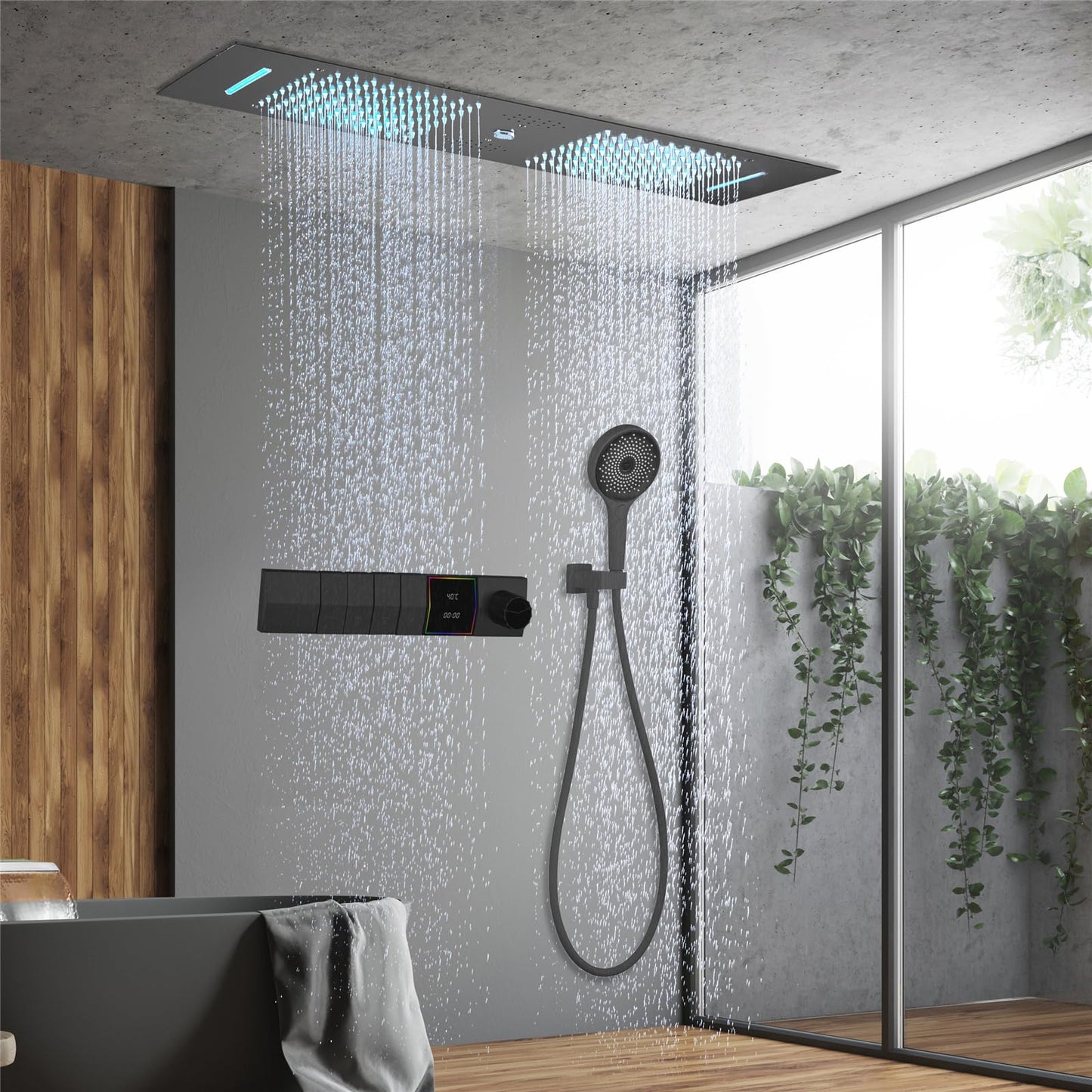 OihPaw Colonne De Douche Thermostatique Musique,300x900mm LED 64 Couleurs 4 Fonctions SystèMe De Douche EncastréE,Acier Inoxydable 304,Pluie,Cascade,Colonne D'Eau,Douchette 3 Fonctions