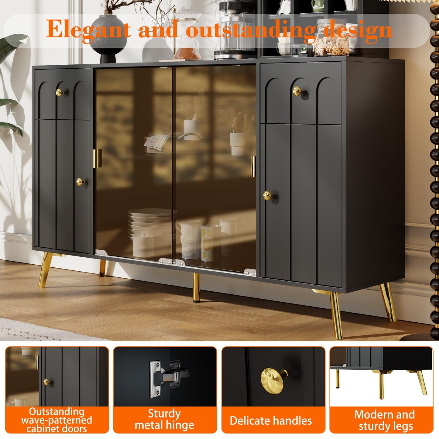 SHUGUANG Buffet Commode Bahut Vaisselier avec Verre Marron, Poignées et Pieds en Métal, Moderne Noir Buffet avec Panneaux Incurvés, Meuble de Rangement pour Salle à Manger/Salon, 150 x 30 x 89,7 cm