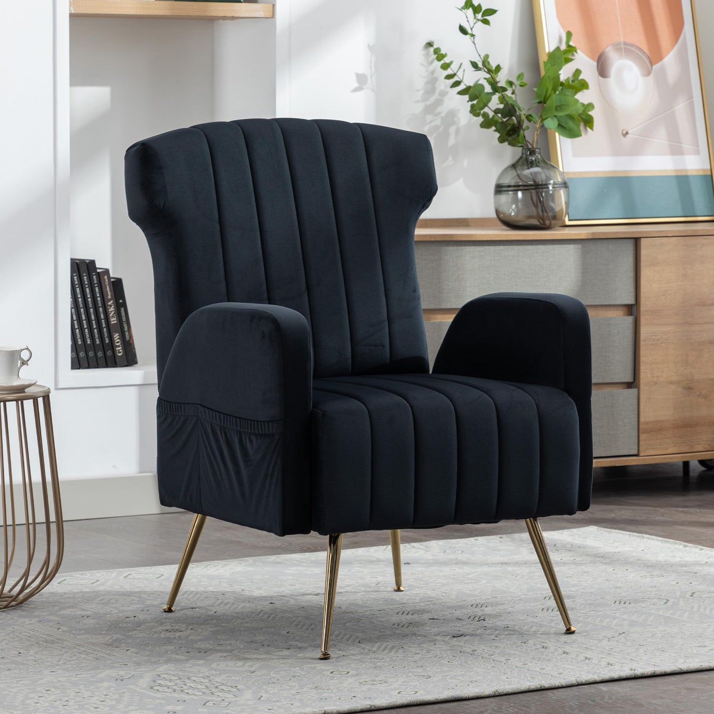 SHUGUANG Fauteuil Confortable Velours, Fauteuil Salon Confortable Chaise Coiffeuse avec Pieds Métalliques Dorés, Forme de Chaise Cigare Chaise de Lecture en Vigueur Chambre à Coucher, Salon