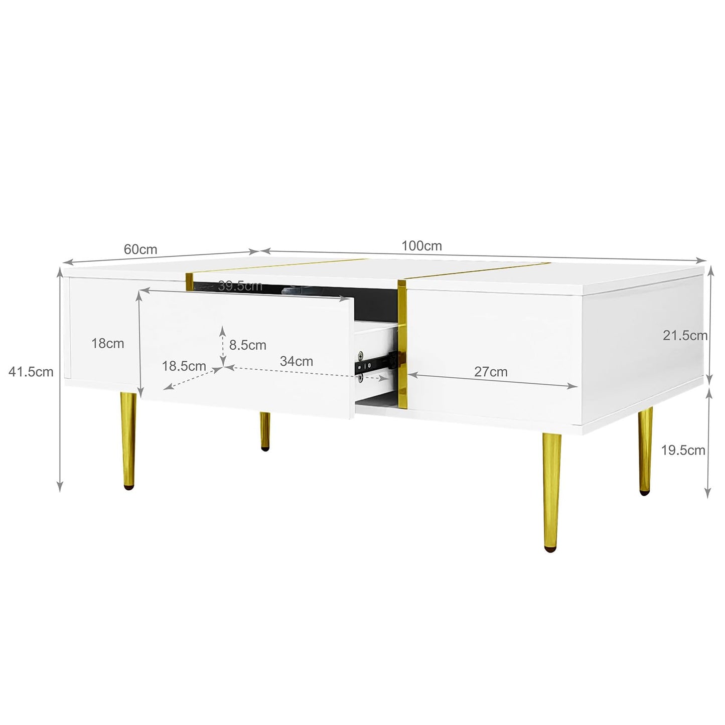 Peiaw Table Basse,Table Basse Salon,Blanc Table Basse Brillante,Table Basse carrée Moderne,Table Basse avec Deux tiroirs,Pieds de Table dorés,Garde au Sol 19,5 cm,Table Basse 100 x 60 x 41,5cm