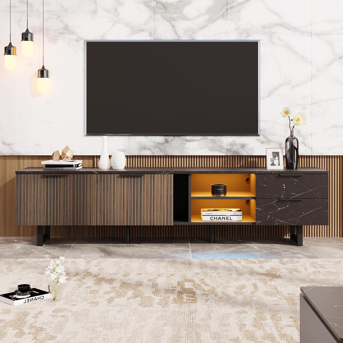 Peiaw Meuble TV,Meubles TV,Banc TV Noir,Éclairage LED réglable,Meuble Tele avec Deux Portes et Deux tiroirs,Meuble TV LED 200 x 38 x 50 cm,Convient pour Salon ou Chambre