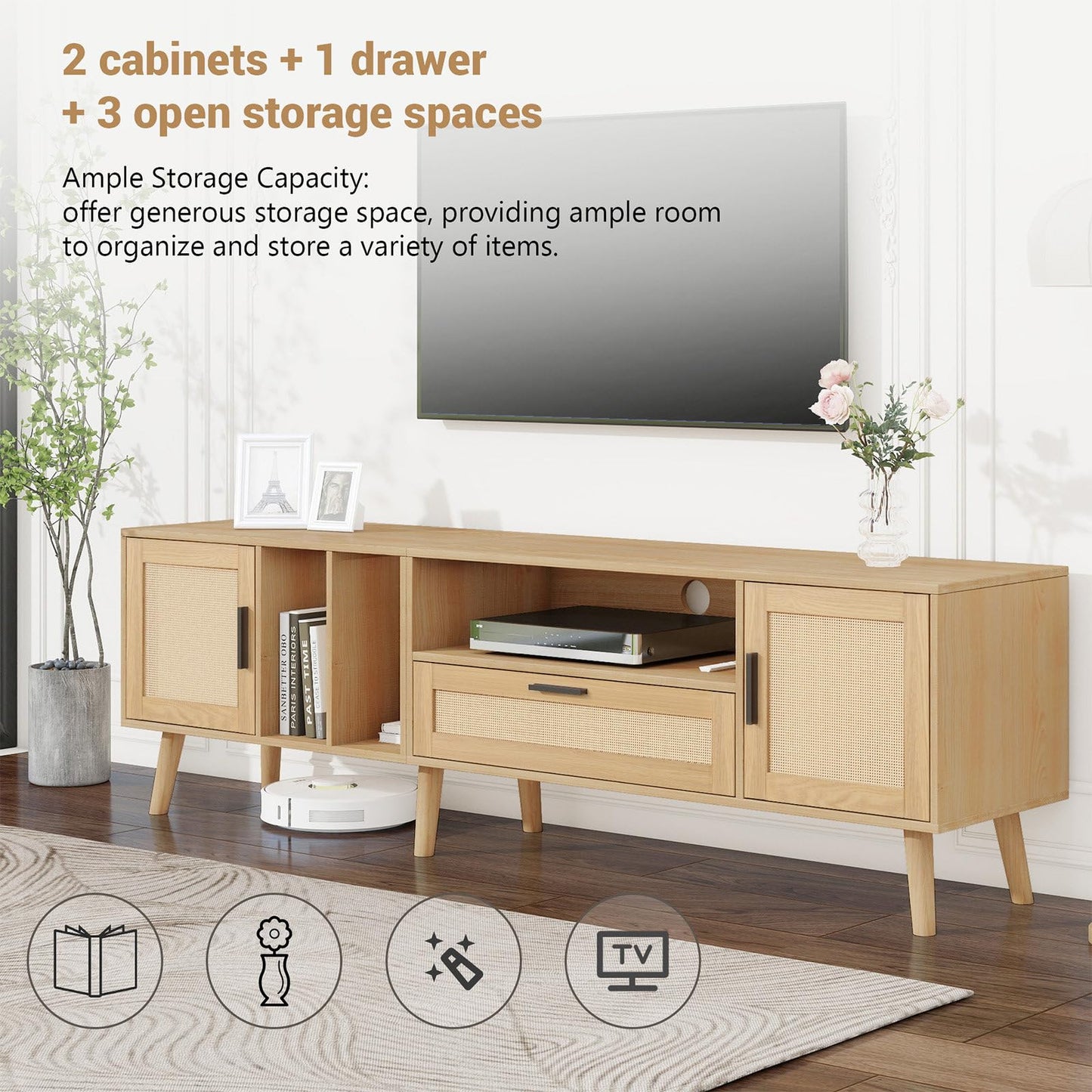 Meuble TV 180cm, Armoire De Télévision Rotin Tressé, Meuble Télé de Salon Pieds en Bois Massif, Table Télévision Convient Aux Téléviseurs de 80 Pouces, 2 Portes, 1 Tiroirs et 3 Étagères Ouvertes