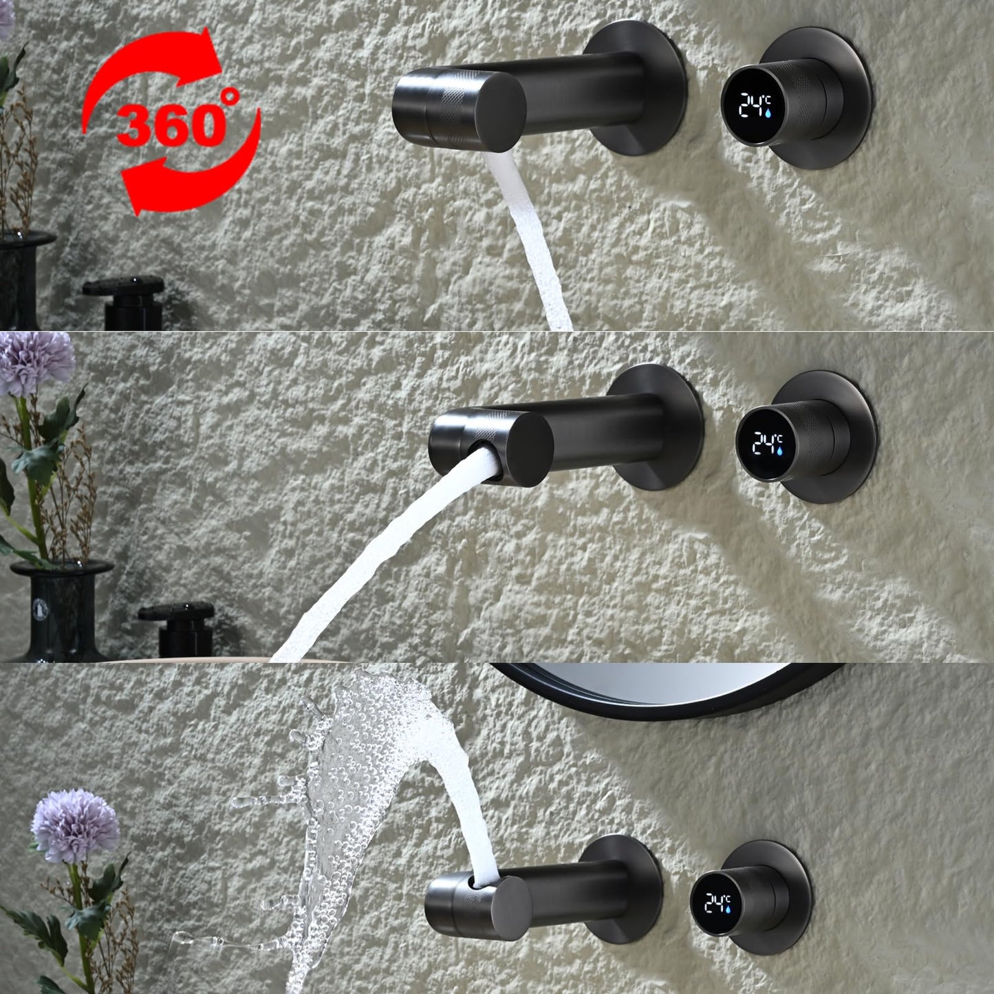 Robinet de Lavabo Rotation à 360°, Gris Pistolet Robinet de Salle de Bain avec Affichage Numérique LED Mitigeur Lavabo Monocommande Chaude et Froide Robinet Salle de Bain avec Boîtier Intégré