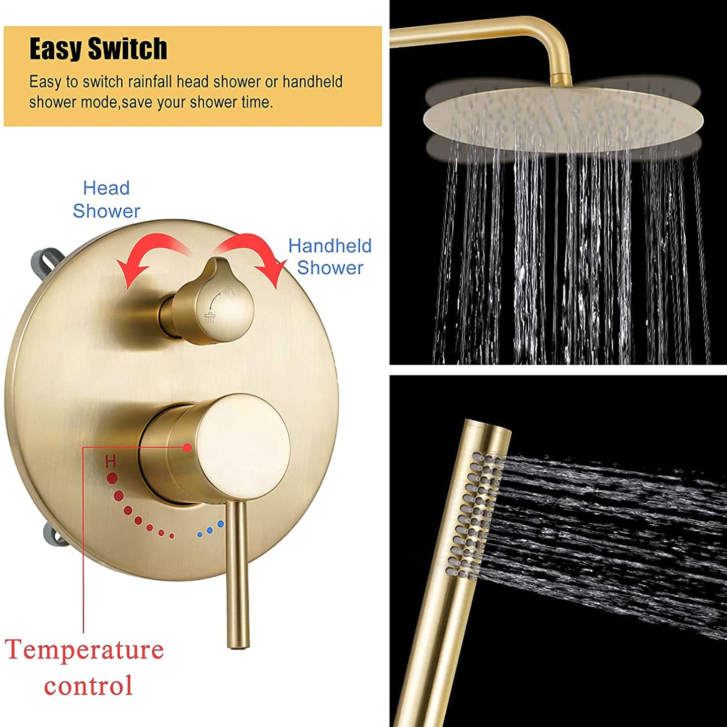 OihPaw Ensemble de douche encastrable doré brossé,10" Kit de Douche à Encastrer avec Douchette à Mains,Systèmes de douche,Mitigeur de Douche Salle de Bain