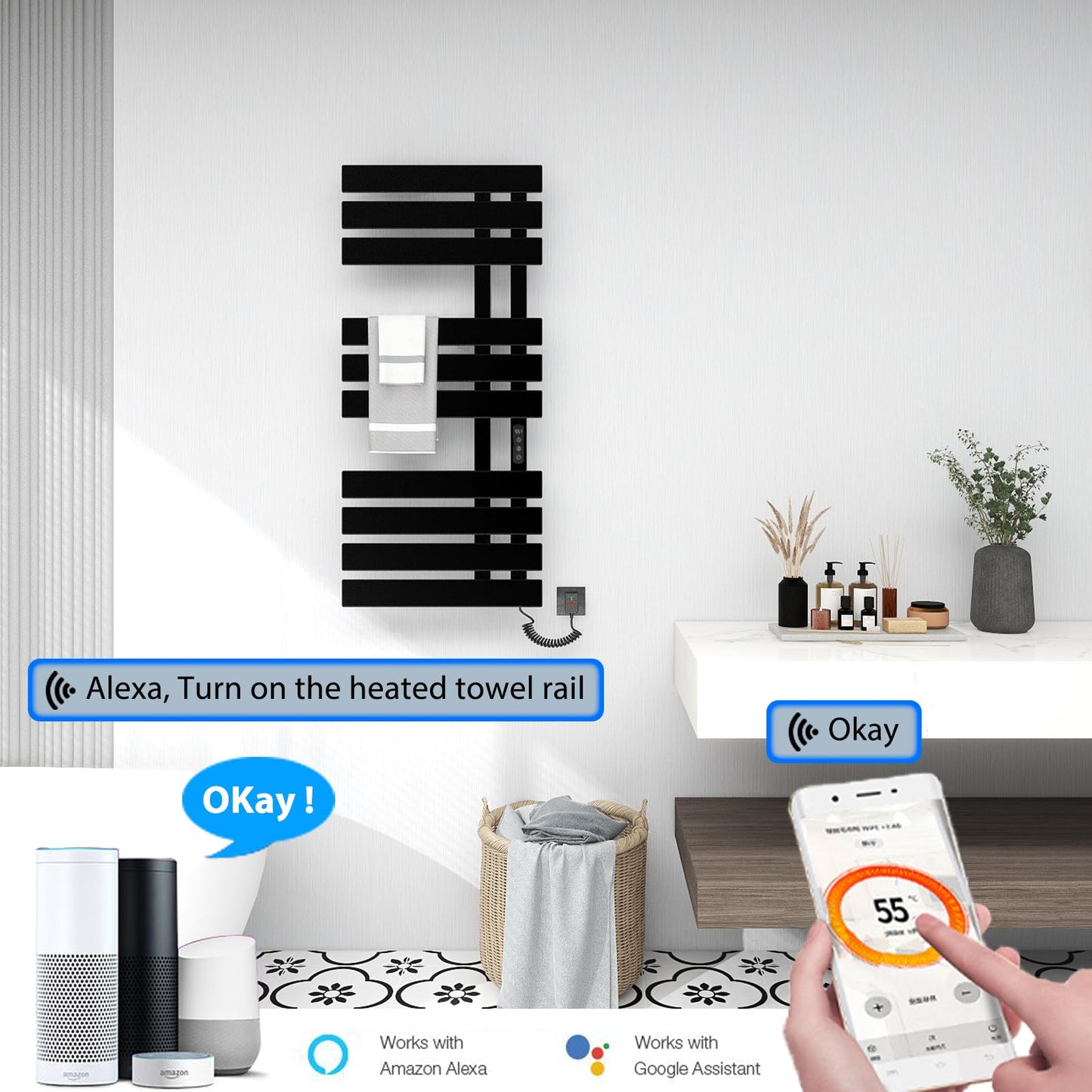 OihPaw Sèche serviette électrique,Chauffe-Serviettes à thermostat Intelligent WiFi,Porte-Serviettes électrique,Fonction de synchronisation,500x1100mm - G580