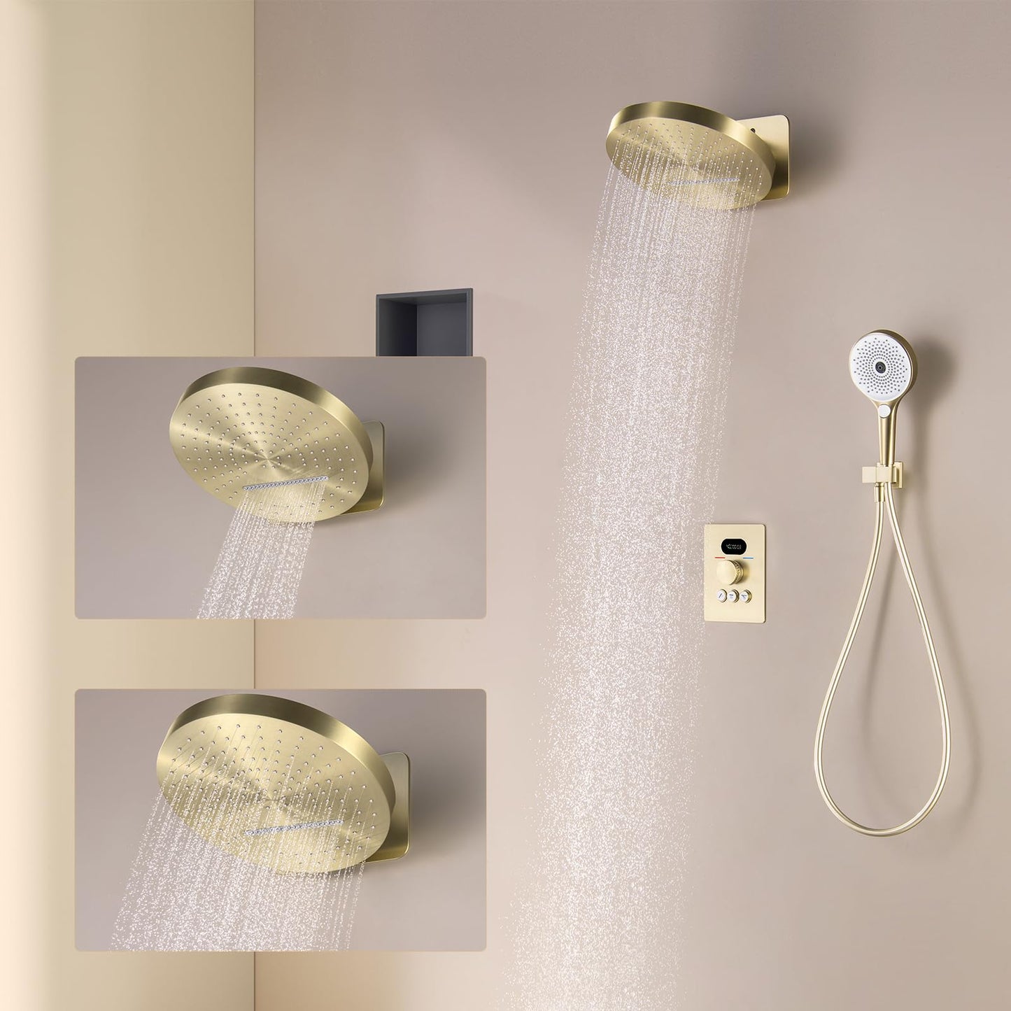 OihPaw Colonne de Douche Thermostatique Encastré Or Brossé Ensemble de Douche pour Salle de Bain avec Affichage Numérique,Système de Douche à Cascade et Pluie Rond Tête de Douche