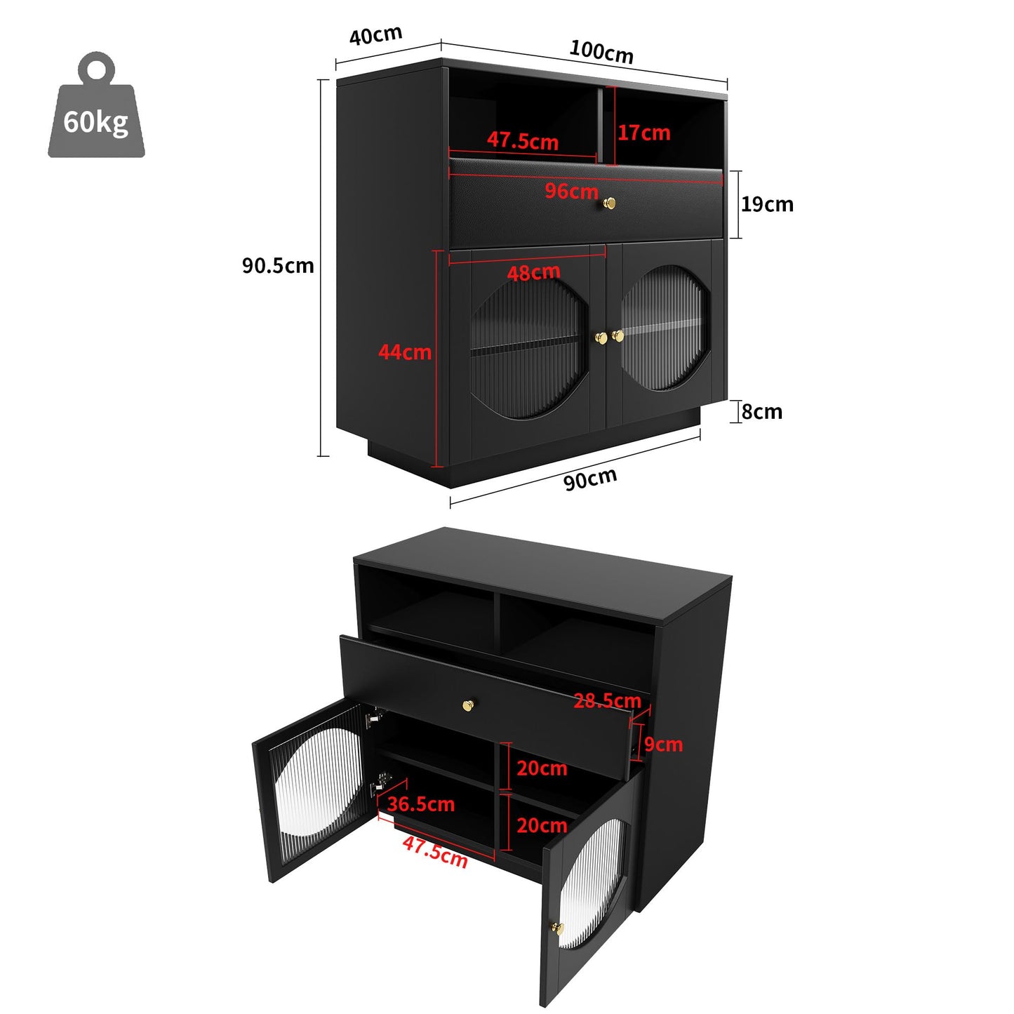 Buffet Salon avec Portes en Verre, Meuble de Cuisine Moderne de Luxe avec 1 Tiroir, 2 Portes et 2 Cloisons Ouvertes, Bahut Buffet de Salle à Manger, 100 × 40 × 90,5cm, Facile à Assembler, Blanc/Noir