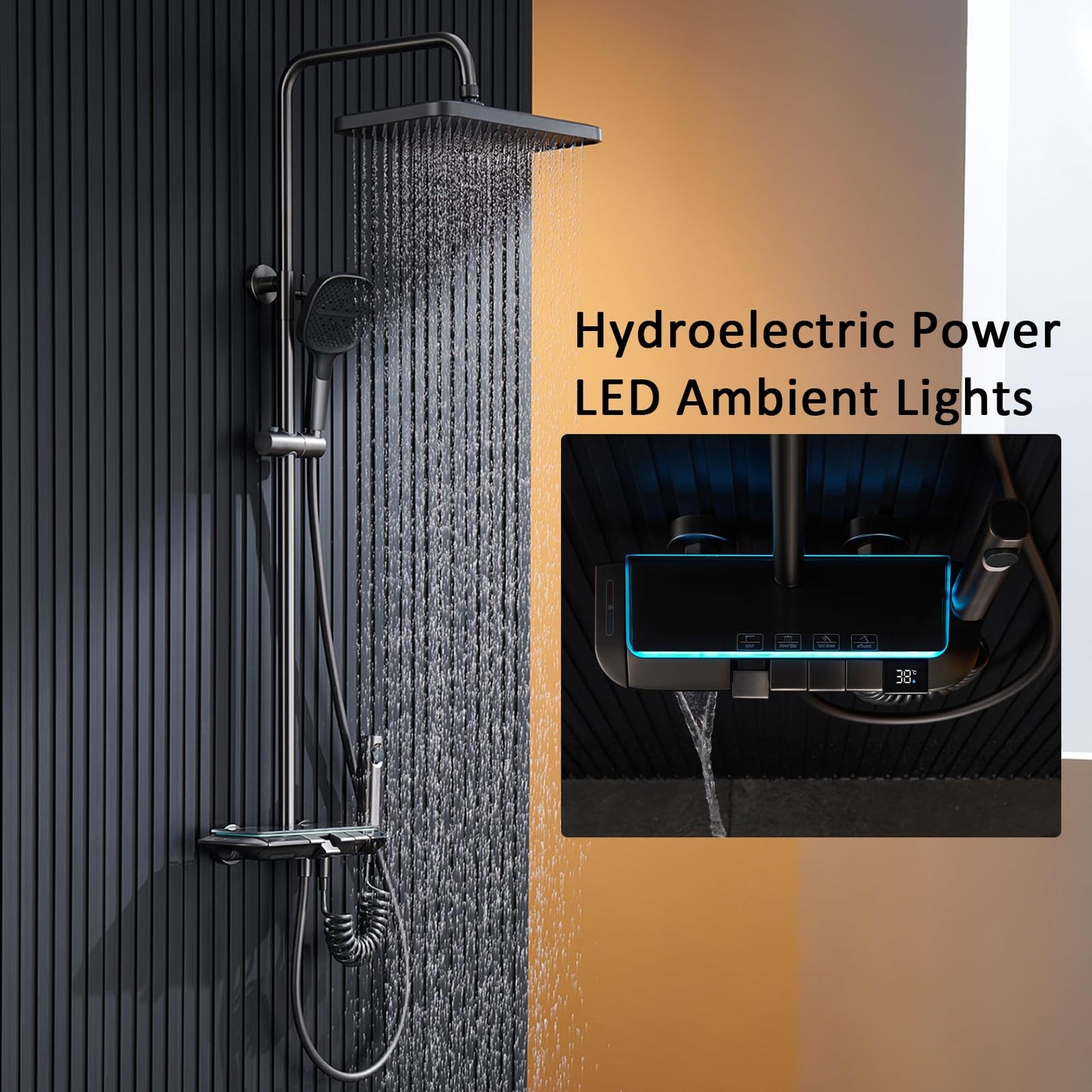 OihPaw Colonne de Douche Thermostatique Gris, Réglable Hauteur Système de Douche, éclairage d'ambiance LED, Ensemble de Douche avec Bec de Baignoire Cascade, Douchette