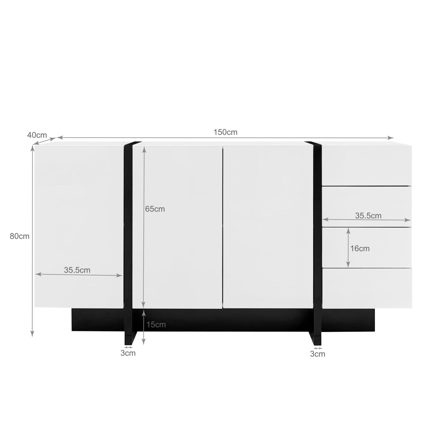 Peiaw Buffet,Armoire de Cuisine,Commode Blanc Brillant,Meuble de Rangement avec tiroirs,Buffet avec 3 Portes et 4 tiroirs,Convient pour la Salle à Manger, Le Couloir de la Cuisine 150 x 40 x 80.5 cm