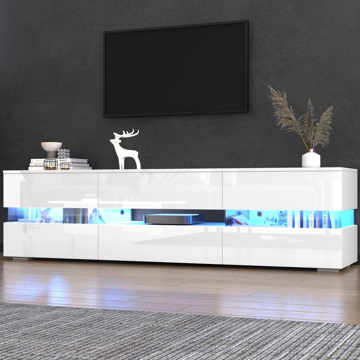 Meuble TV Blanc Brillant 160 cm Banc TV Moderne avec Éclairage LED, 2 Portes, 1 Tiroir, Compartiment Ouvert, pour Téléviseur 70 Pouces, Insert en Verre Acrylique et Ouverture à Pression, Meuble Salon