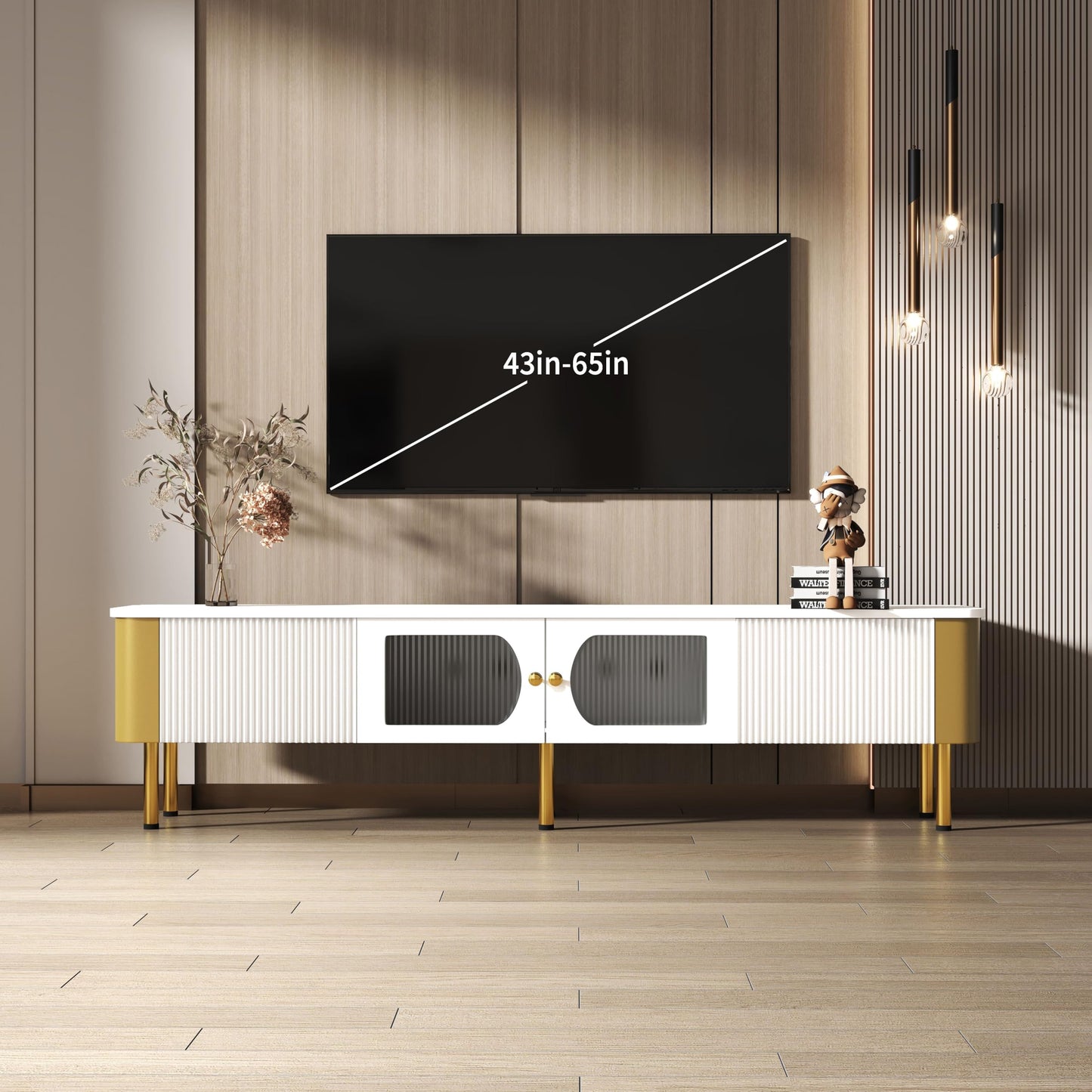 Meuble TV Moderne 170 cm Banc TV pour Téléviseurs Jusqu'à 65 Pouces, Tiroirs et Panneaux de Porte de Forme Spéciale, Poignées et Pieds Dorés, Forme D'arc, Élégant Luxueux Meuble Salon, Meuble TV Bas