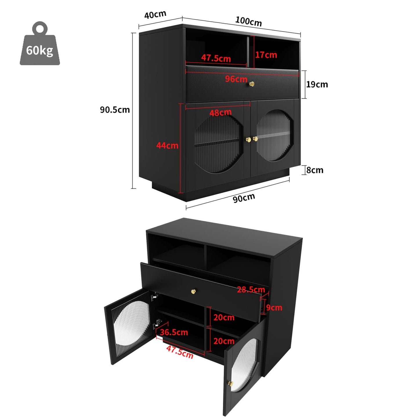 Peiaw Buffet, Meuble de Cuisine, Meuble de Rangement,Buffet Noir Moderne, Commode,Compartiment de Rangement Ouvert,Buffet avec Porte vitrée,Buffet avec 2 Portes et 1 tiroir,100×40×90.5cm