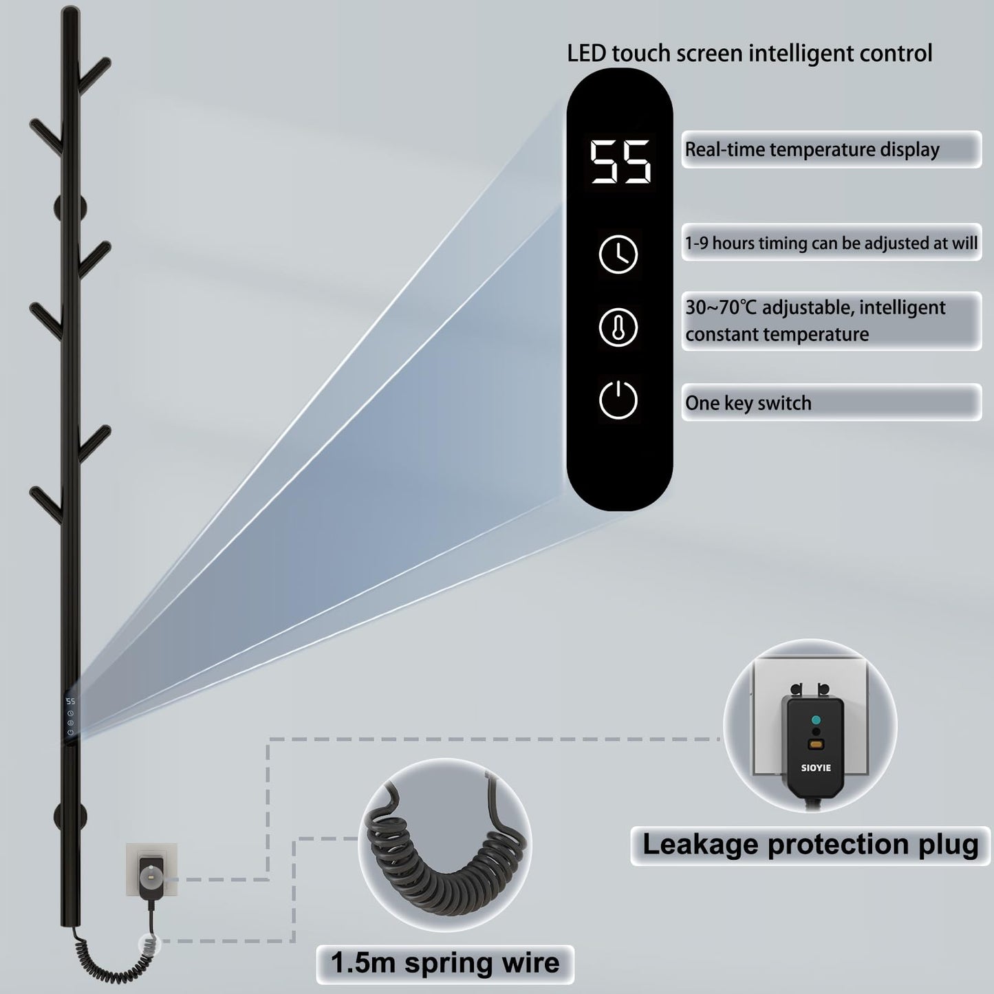 OihPaw Sèche-serviette électrique 1500x32mm Serviette Murale Intelligent à Température Constante, Chauffe-Serviettes, Sèche Serviettes Électrique-Black